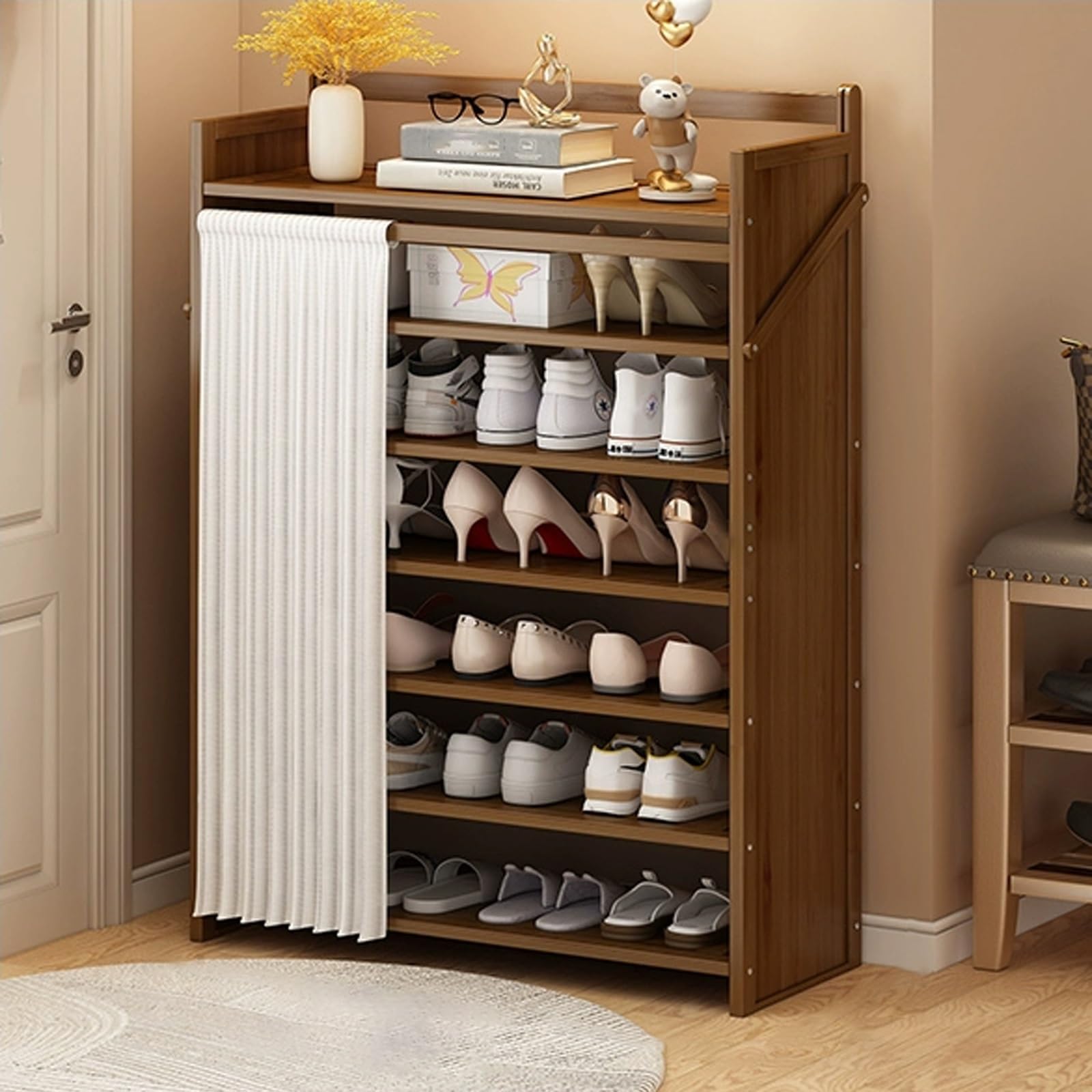 SVFOEBJM Wood lyjc Rack, Folding lyjc Rack, lyjc Cabinet for Entryway, lyjc Cabinet with Curtains, lyjcs Racks for Hallway, Bedroom, Balcony, Kitchen, No Installation