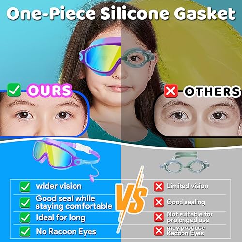 Miniatura 5 de Vvinca Gafas de natación para niños, con tapones para los oídos y clip para la nariz, visión amplia, antivaho y UV, para niños y niñas de 3 a 15
