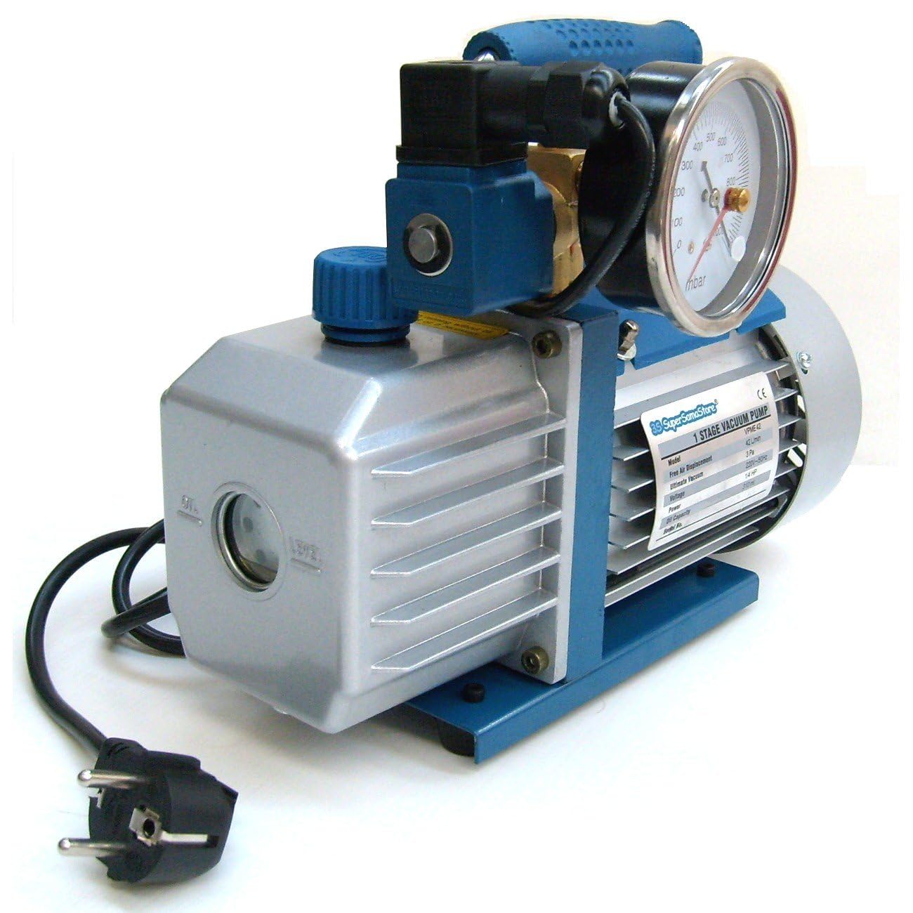 3S SuperSamaStore Pompa del Vuoto Monostadio 42 Litri/Minuto con Elettrovalvola, Vacuometro e Maniglia Ergonomica, Inclusi Olio e Spina Schuko, Modello VPME42