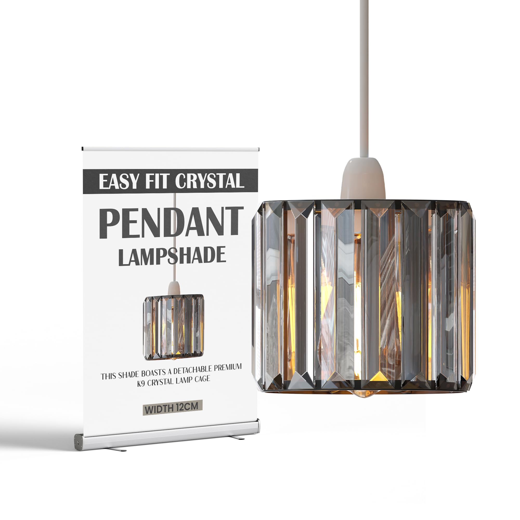 Small Crystal Lamp Shade – Modern Drum-Style Pendant or Table Lamp Shade with Clear Faceted Crystal Prisms, Modern Glam Lighting Accent for Living Room, Bedroom & Hallway (12cm-Black)