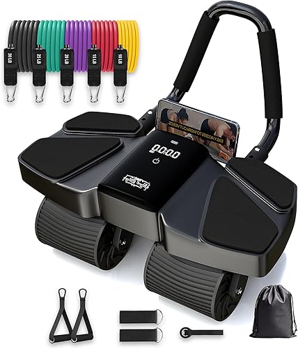Miniatura 8 de Ab Roller - Equipo de gimnasio en casa – Rodillo muscular de 4 ruedas con pantalla LCD, 5 bandas de resistencia, correas de tobillo, anclaje