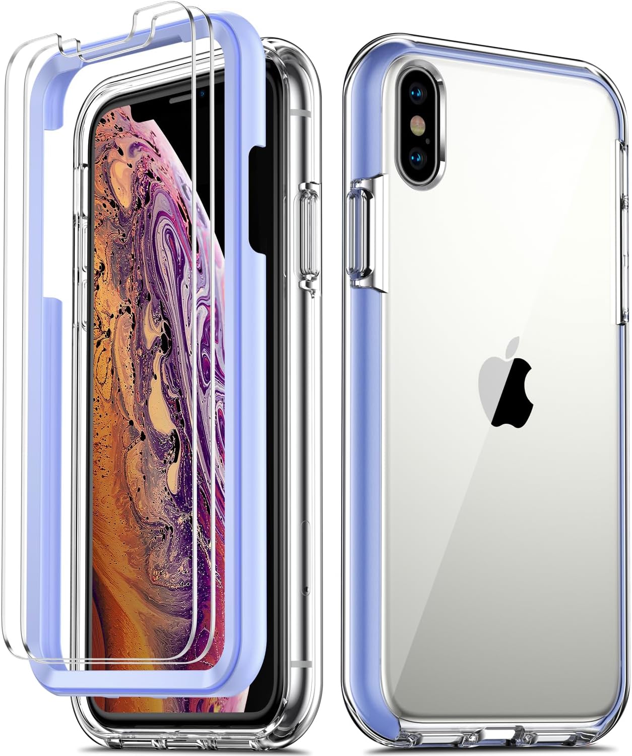 COOLQO Compatible for iPhone X Case/iPhone Xs Cases 5.8 Inch, with [2 x Tempered Glass Screen Protector] Clear 360 Full Body Coverage Silicone [Military Protective] Shockproof Phone Cover - Purple