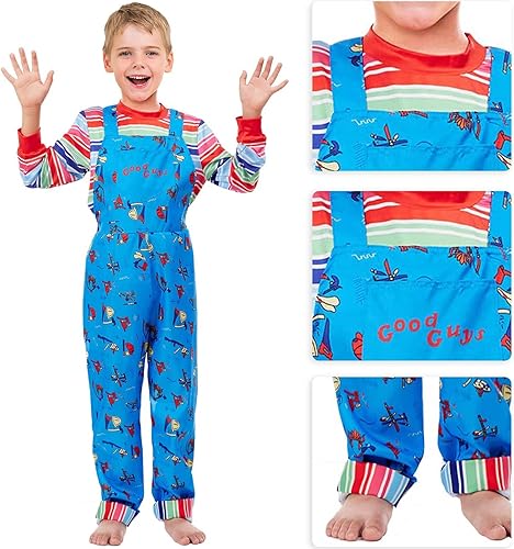 Miniatura 3 de Lyxaof Disfraz de Chucky para niños, overol a rayas, disfraz de semilla de Chucky con máscara de cuchillo, terror, Halloween, cosplay, vestido