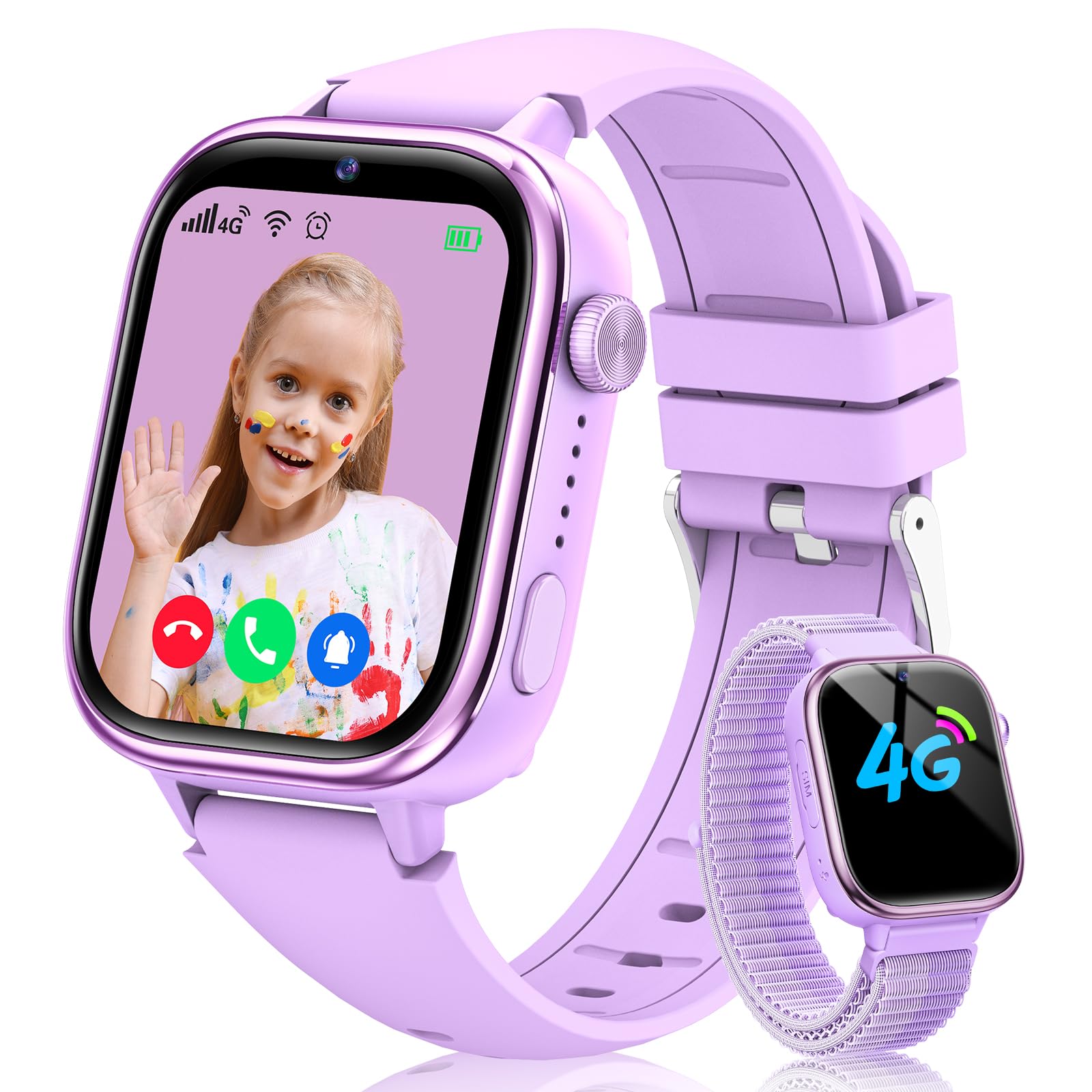 Sanorum 2025 Kids Smart Watch, 4G Smartwatch Children with GPS and Phone, Video Calls/SOS Function, Messages/School Mode/Alarm Clock/Camera/Pedometer IP68 Smart Watch Girls and Boys Violet