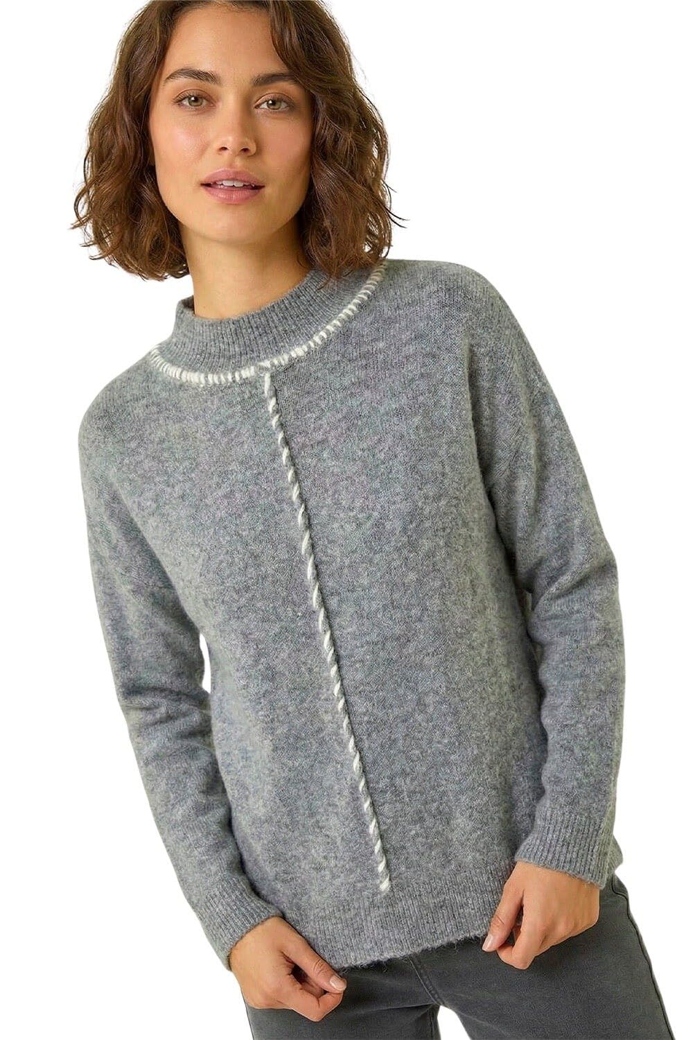 Roman Originals Women's Grey Roman Funnel Neck Seam Detail Jumper For Uk - Autumn Everyday Winter Holiday Long Sleeve Soft Drop Shoulder Comfy Warm Feel Top Office Desk Sweaters - Size 16