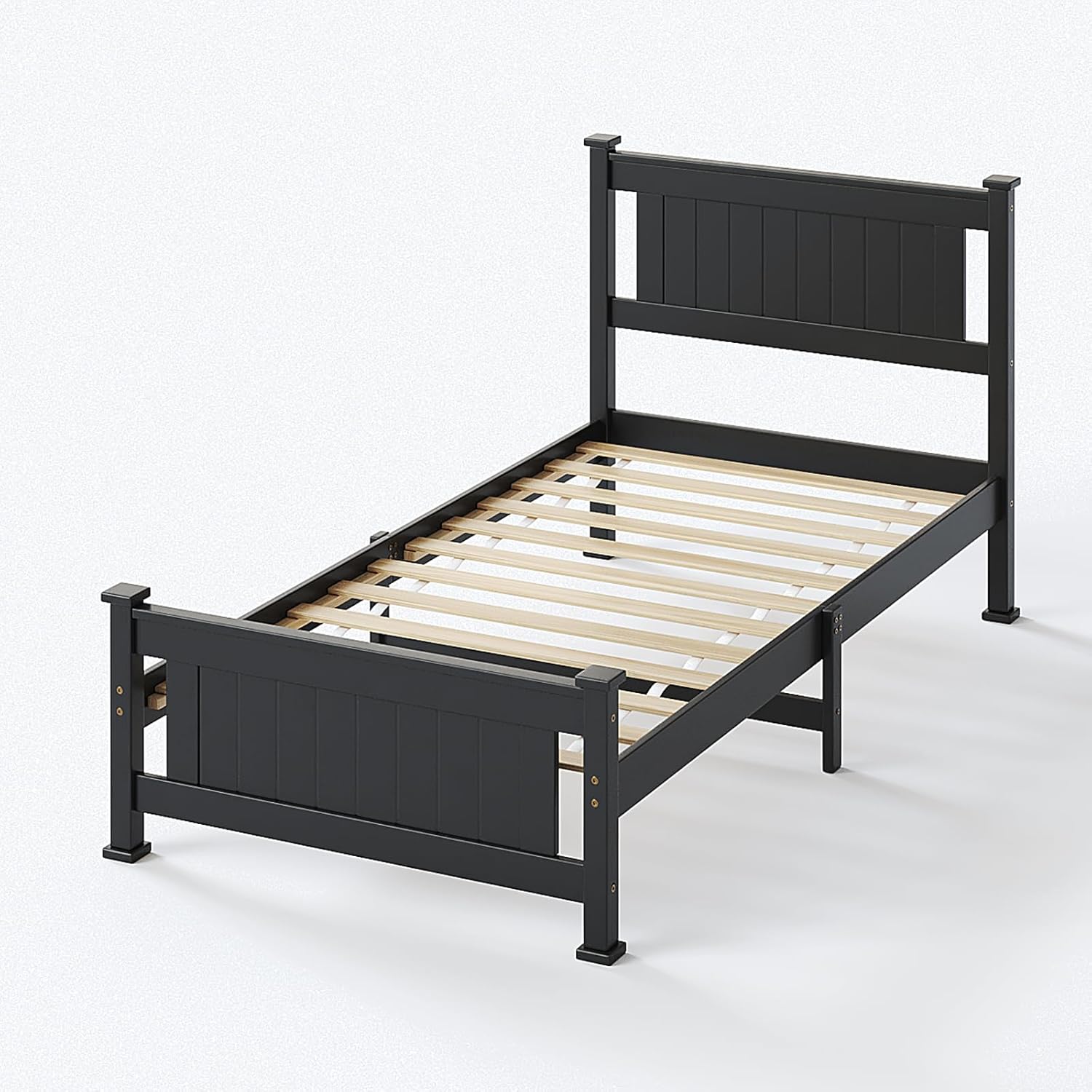 Bonnlo Twin Size Solid Wood Platform Bed Frame, Single Bed with Headboard, No Box Spring Needed Panel Bed, Wood Slat Support Mattress Foundation,Black - Image 8