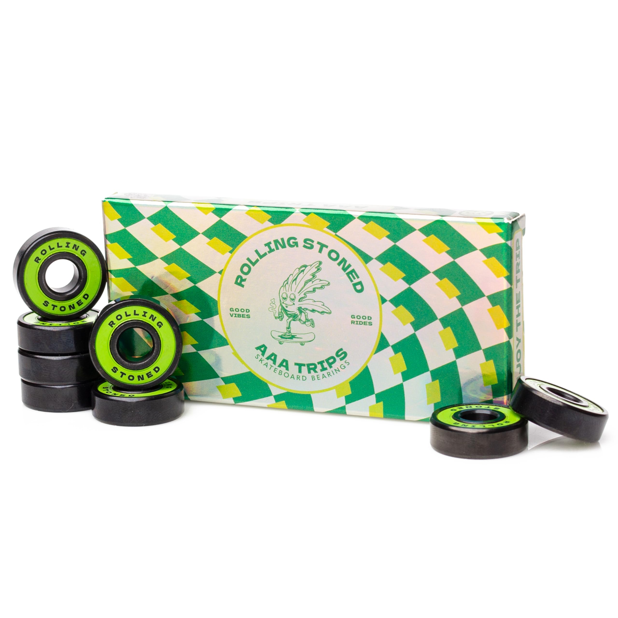 Rolling Stoned Lot de 8 roulements étanches pour skateboard, longboard, trottinette et patins à roulettes en acier inoxydable 608 (lot de 8, vert) (AAA Trips)