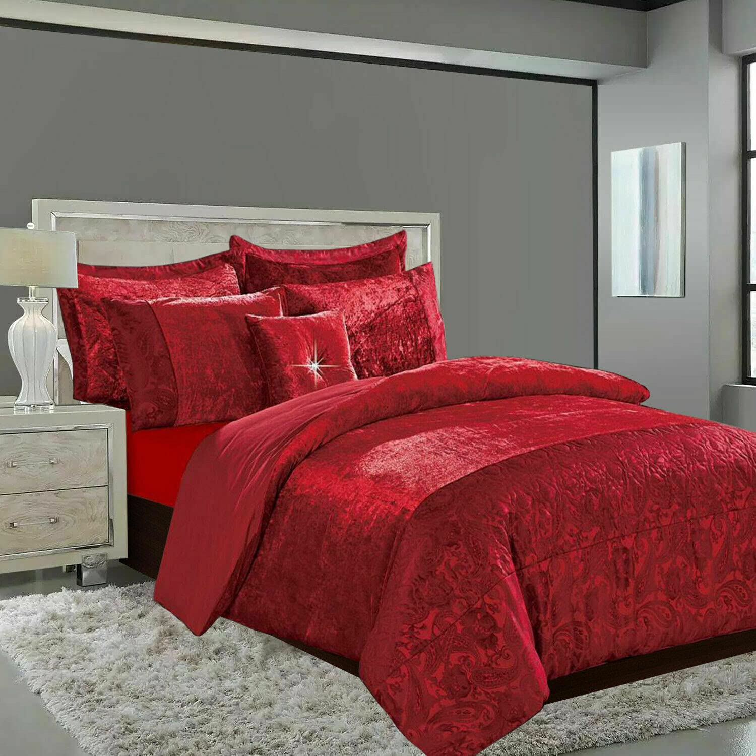 Duvet Set Red New Luxury Santiago Duvet Cover Set Crushed Velvet Double King Super King Size (, Super-King)