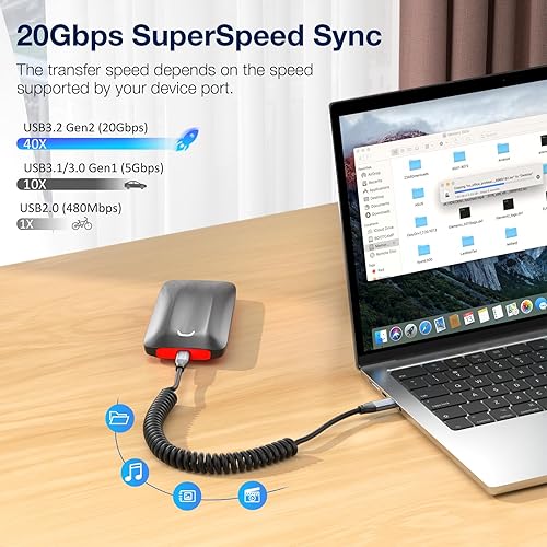 Miniatura 5 de UseBean - Cable USB C a USB C en espiral escalable de 20 Gbps de 100 W, 6.6 pies, cable espiral de resorte escalable de 20 Gbps, carga rápida USB