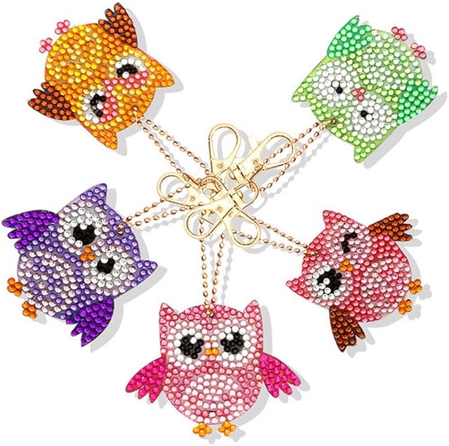 kuou 5Pcs 5D DIY Diamond Painting Keychain, DIY Art Craft Animal Owl Painting with Diamonds, Paint by Numbers Diamonds for Children Adult Beginners - Funny & Colorful