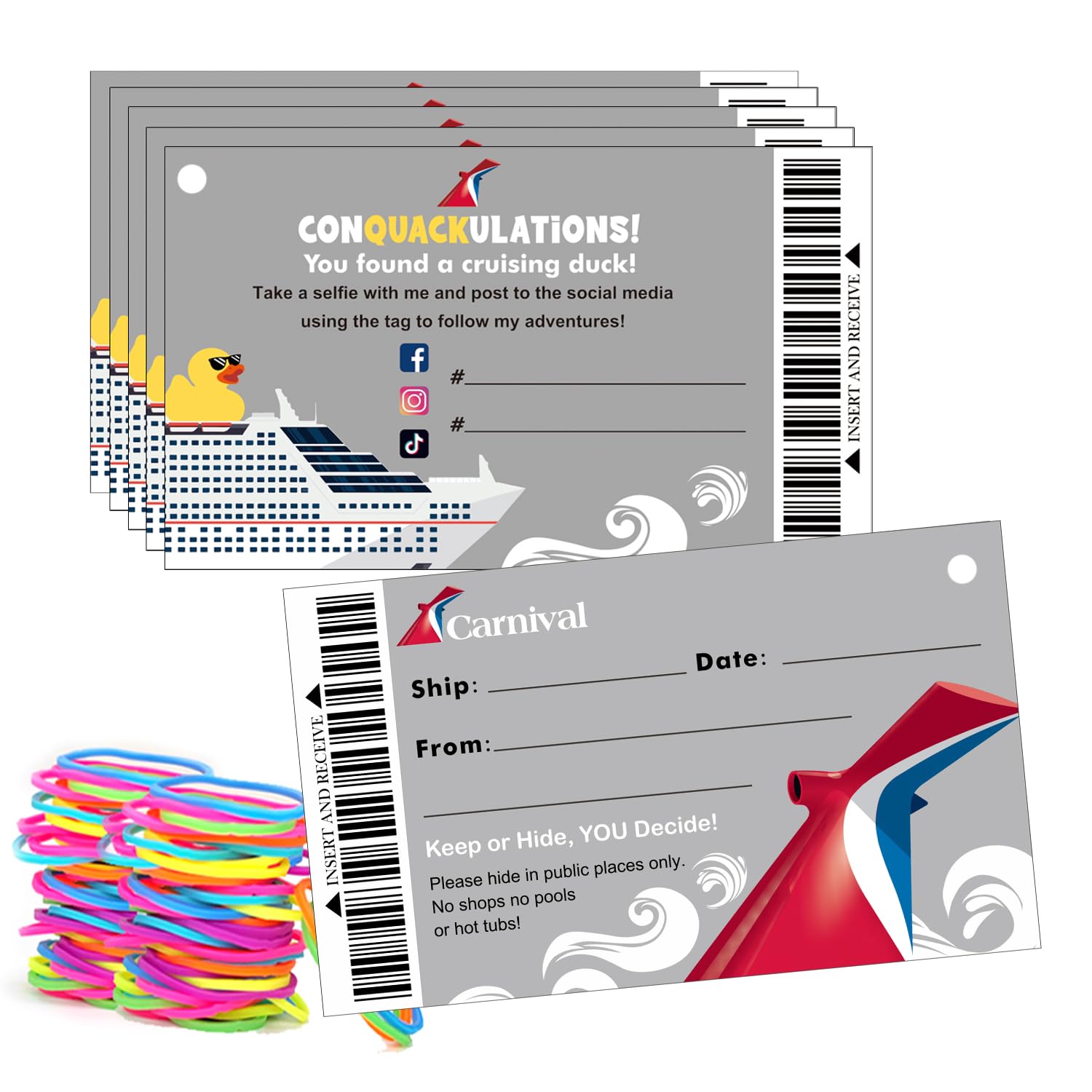 Cruising Rubber Duck Tags, Carnival Cruise Line Gold Sailing Card, Duck Duck Tag, Ducking Game Cards, 50 Pack, 3.7 x 2.2 inches, with Hole and Rubber