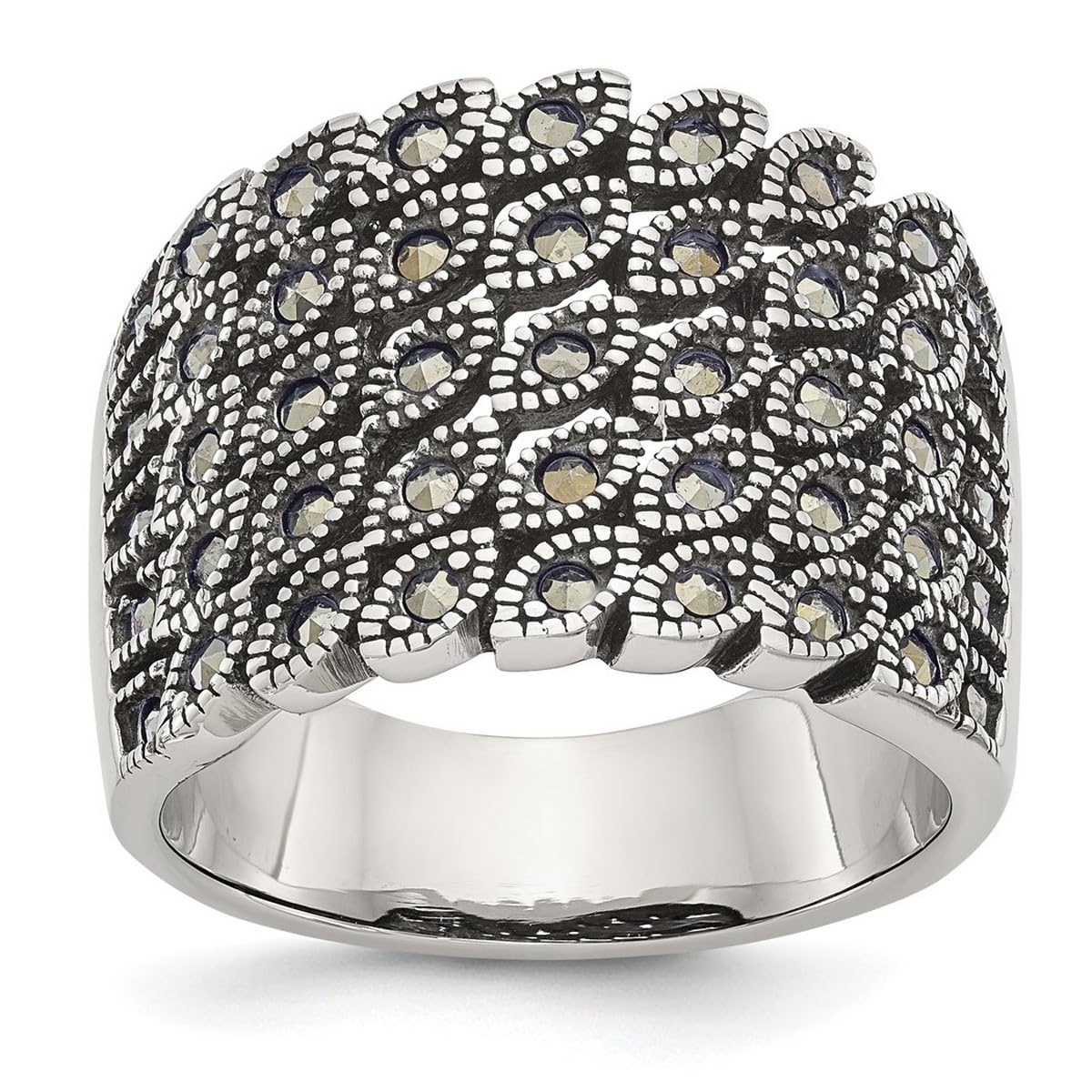 JewelryWebStainless Steel Polished and Marcasite Ring Jewelry for Women - Ring Size Options Range: L to R