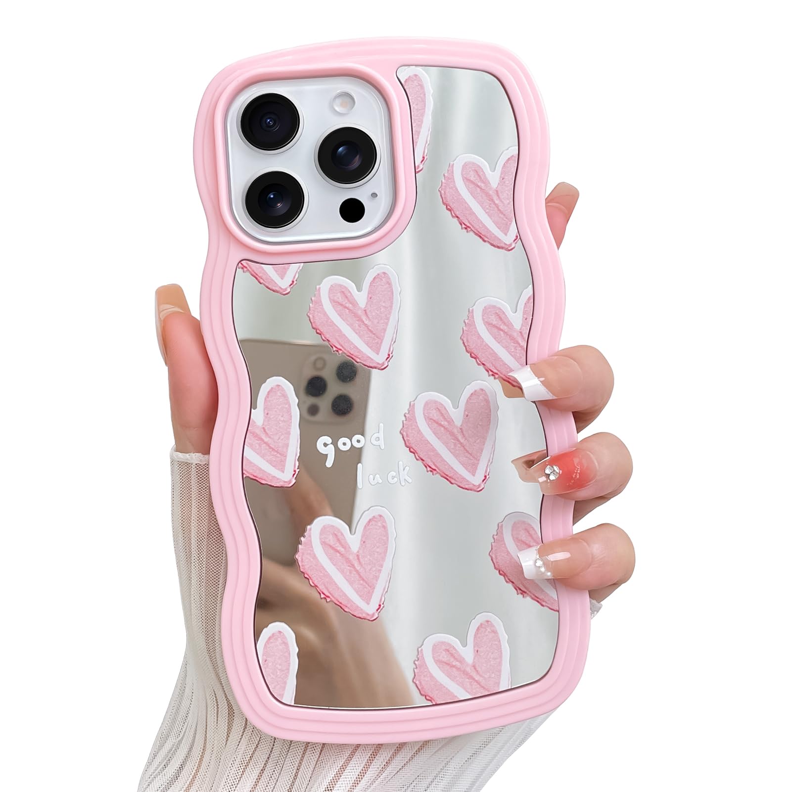 LSL Case for iPhone 15 Pro, Glossy Mirror Back Pink Hearts Pattern Case for Girls Women Curly Wave Edge Cute Girly Trendy Slim Protective Cover