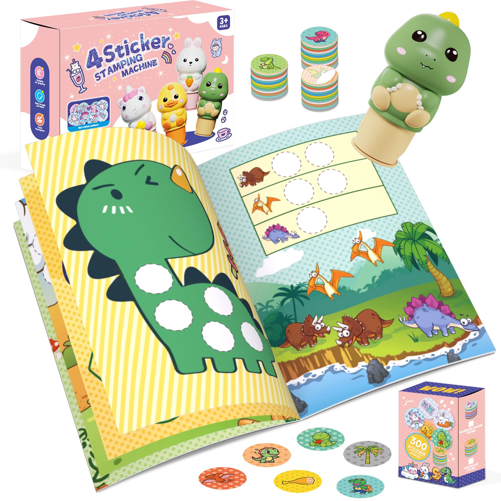 Plunack Pegatinas Infantiles Estampador de Pegatinas y Cuaderno de Actividades de 24 Páginas, 300 Pegatinas, Libro de Pegatinas Reutilizables Juguetes para Niños de 3 4 5 6 7 Años - Dinosaurios