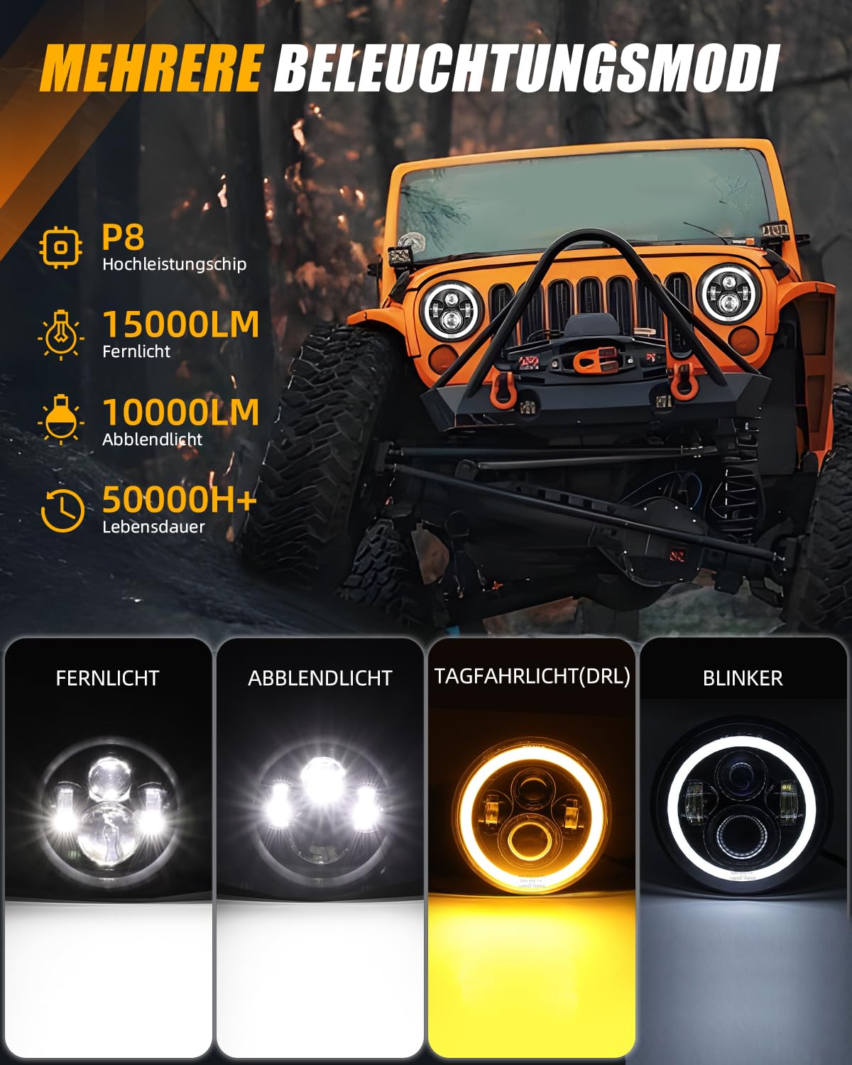 CO LIGHT 7 zoll LED scheinwerfer 150000LM, E-geprüft mit Abblendlicht Fernlicht Amber Halo Blinker, Weißem Tagfahrlicht (DRL) ，für Defender VW T3 G Klasse Wrangler TJ JK LJ Hummer