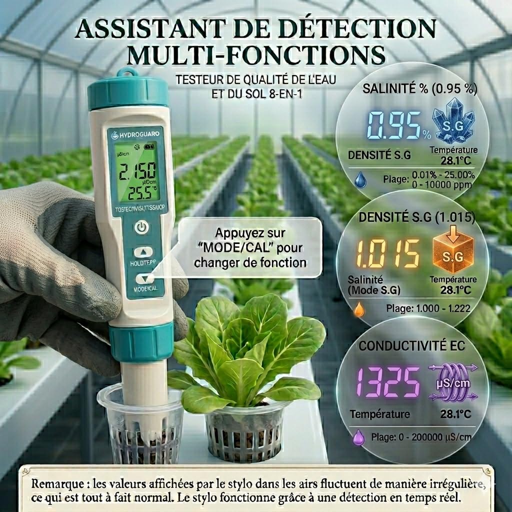 pH Chlore Mètre Piscine 8 EN 1, Tester pH Chlore (FAC) TDS EC Salinité ORP et Température avec ATC, Testeur Qualité Eau étanche IP67, précision élevée pour eau potable, spa, hydroponie