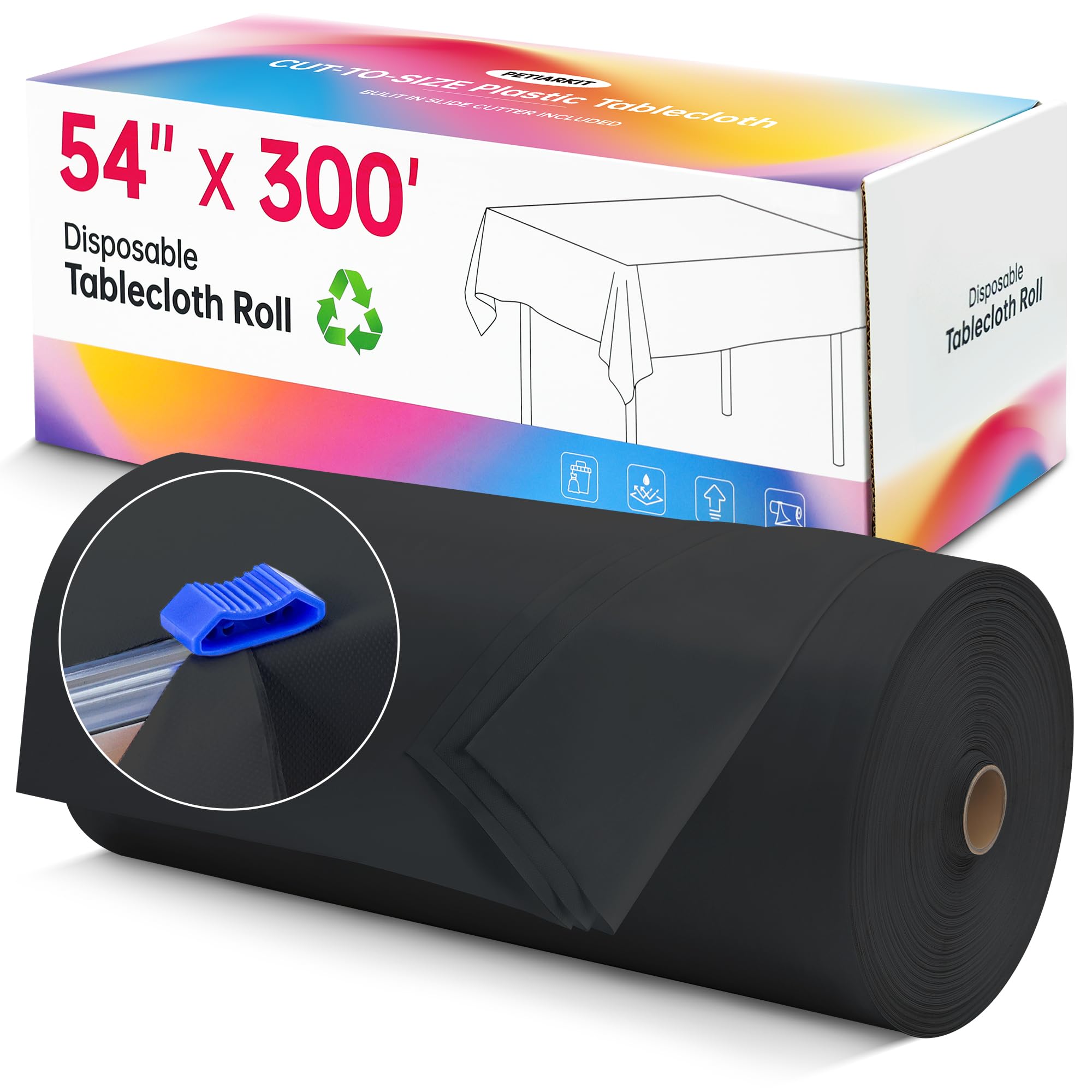 Disposable Table Cloth Plastic, 54In x 300Ft Black Plastic Tablecloth Roll