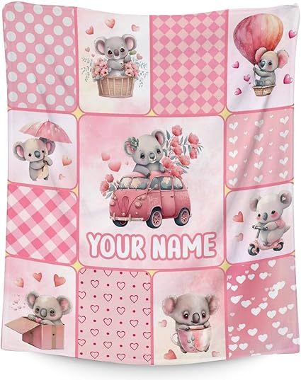 Personalized Koala Blanket Gifts with Name - 50"x60" Cute Throw for Women, Girls - Pink Soft Fuzzy Blankets for Bed, Couch & Living Room