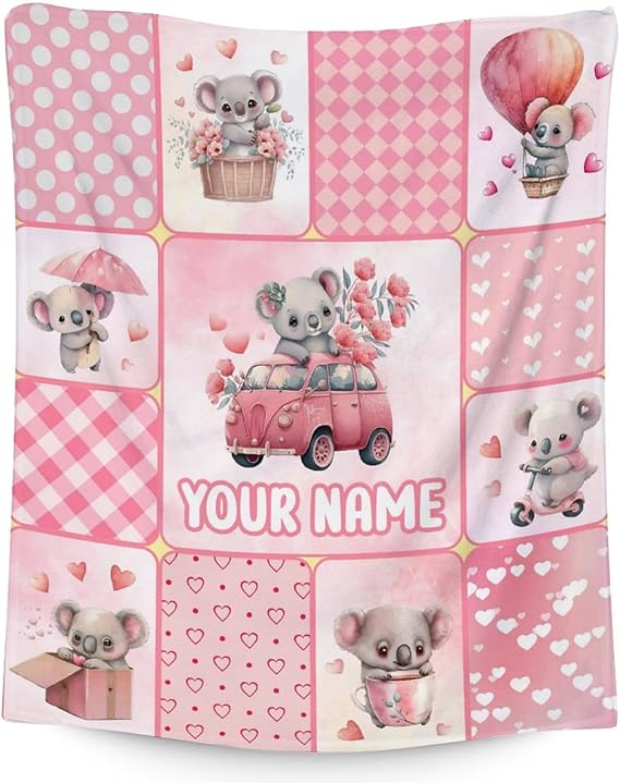 Personalized Koala Blanket Gifts with Name - 50"x60" Cute Throw for Women, Girls - Pink Soft Fuzzy Blankets for Bed, Couch & Living Room