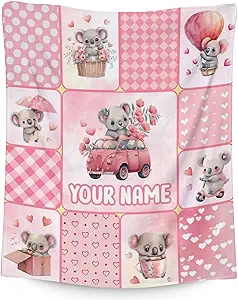 Personalized Koala Blanket Gifts with Name - 50"x60" Cute Throw for Women, Girls - Pink Soft Fuzzy Blankets for Bed, Couch & Living Room