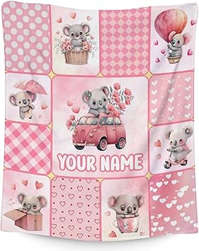 Personalized Koala Blanket Gifts with Name - 50"x60" Cute Throw for Women, Girls - Pink Soft Fuzzy Blankets for Bed, Couch & Living Room