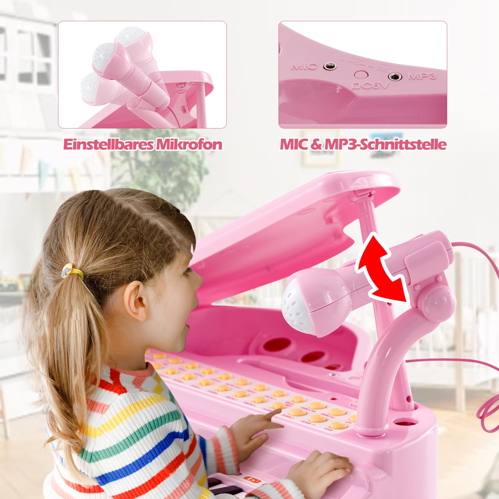 GOPLUS 31 Tasten Kinder Keyboard mit Hocker, Klaviertastatur mit Mikrofon, LED-Licht & MP3-Schnittstelle, E-Piano mit 3 Lehrmodi, 22 Demos, 4 Rhythmen, Aufnahme & Wiedergabe für Kinder (Rosa)