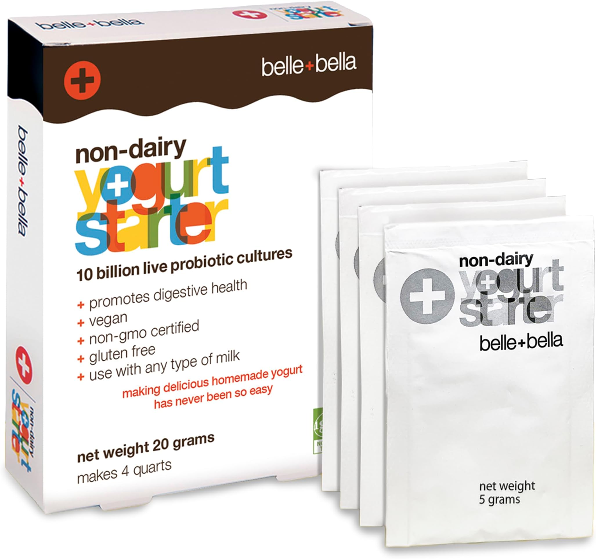 Belle + Bella Non-Dairy Vegan Yogurt Starter - Gluten Free, No Added Sugar, Non GMO - Makes 4 Quarts Vegan Yogurt - 10 Billion Live Cultures - Mix with any Milk - 1 Box