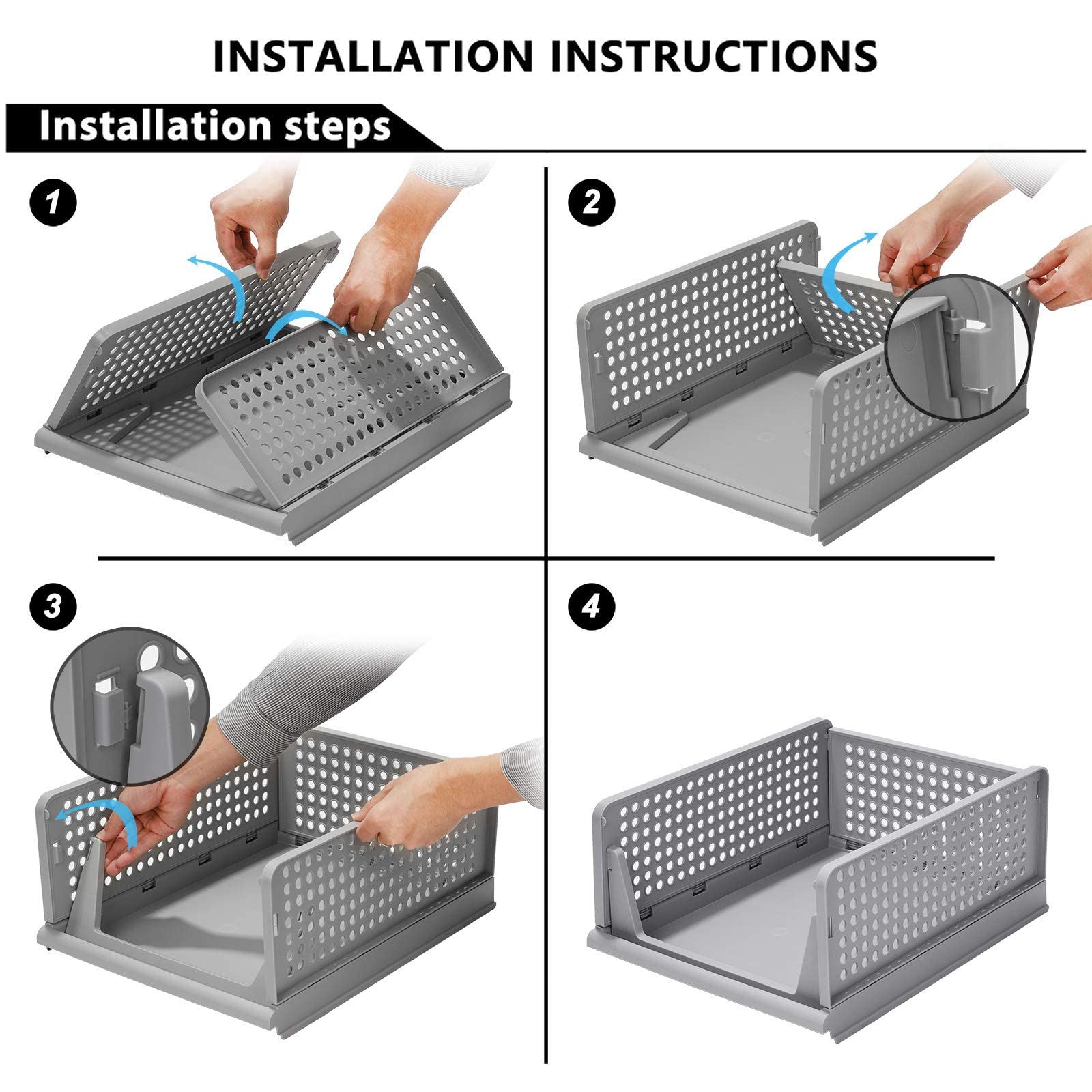 Hossejoy Set of 4 Stackable Wardrobe Storage Box, Plastic Drawer Organizer, Foldable Clothes Shelf Baskets, Folding Containers Bins Cubes, Perfect for Kitchen, Office, Bedroom & Bathrooms(Grey)