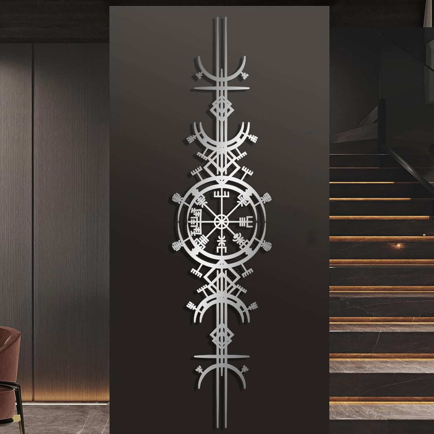 lecyin Vegvisir Metal Wall Art, Viking Wayfinders Wall Decor, Viking Symbol Metal Wall Hanging, Rune Circle with Mjlnir, Old Norse Sign, Extraordinary Vegvisir Sculpture (Black, 7"x30") - Image 6