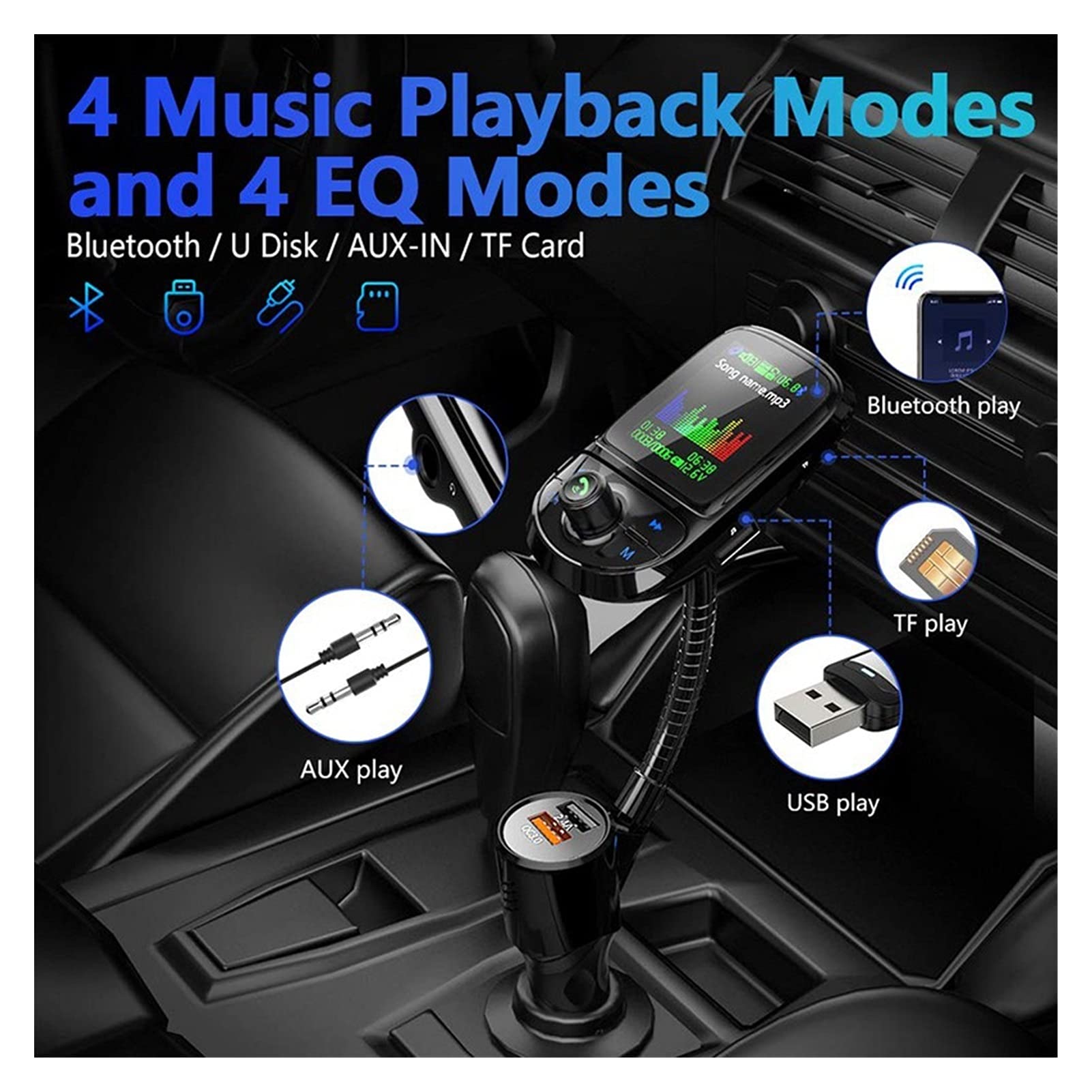 Adaptateur Audio Bluetooth Auto FÉMININ Emetteur Couleur Bluetooth 5.0 Modulateur sans Fil Lecteur MP3 QC 3.0 Double USB Diffusion vocale du Chargeur