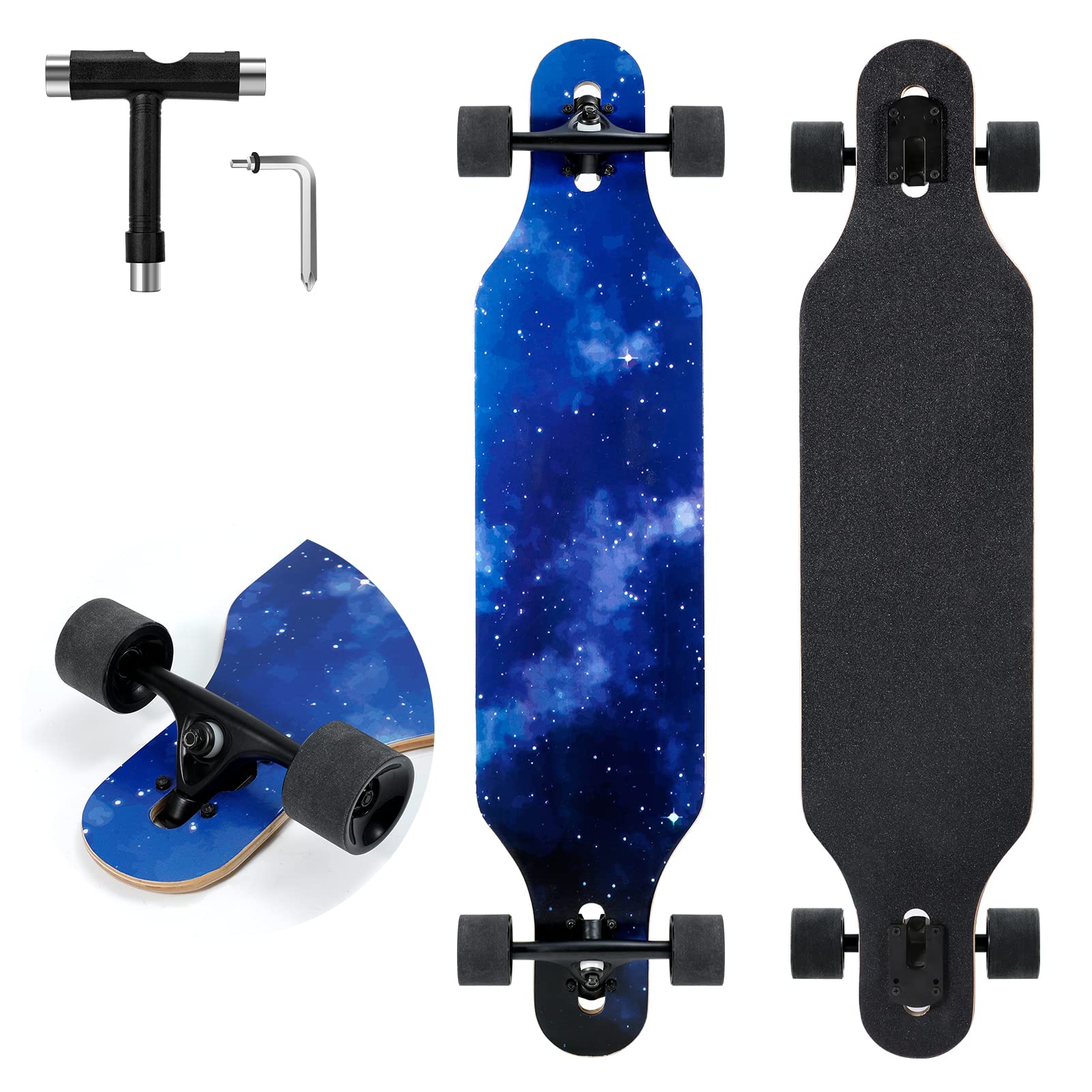 Longboard Skateboard, 41 Inch Drop Through Longboard Complete 9-Ply Nature Maple Premium Cruiser Long Board for Adults, Teens and Kids - High-Speed Bearings & T-Tool