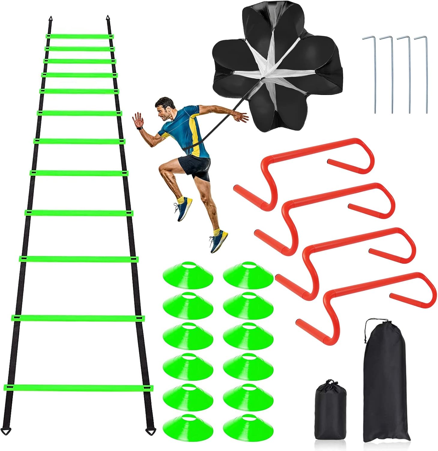 Speed & Agility Ladder Training Equipment Set, Includes 12 Rung 20ft Agility Ladder, 4 Agility Hurdles,12 Disc Cones, 1 Resistance Parachute for Training Football Soccer Basketball Athletes
