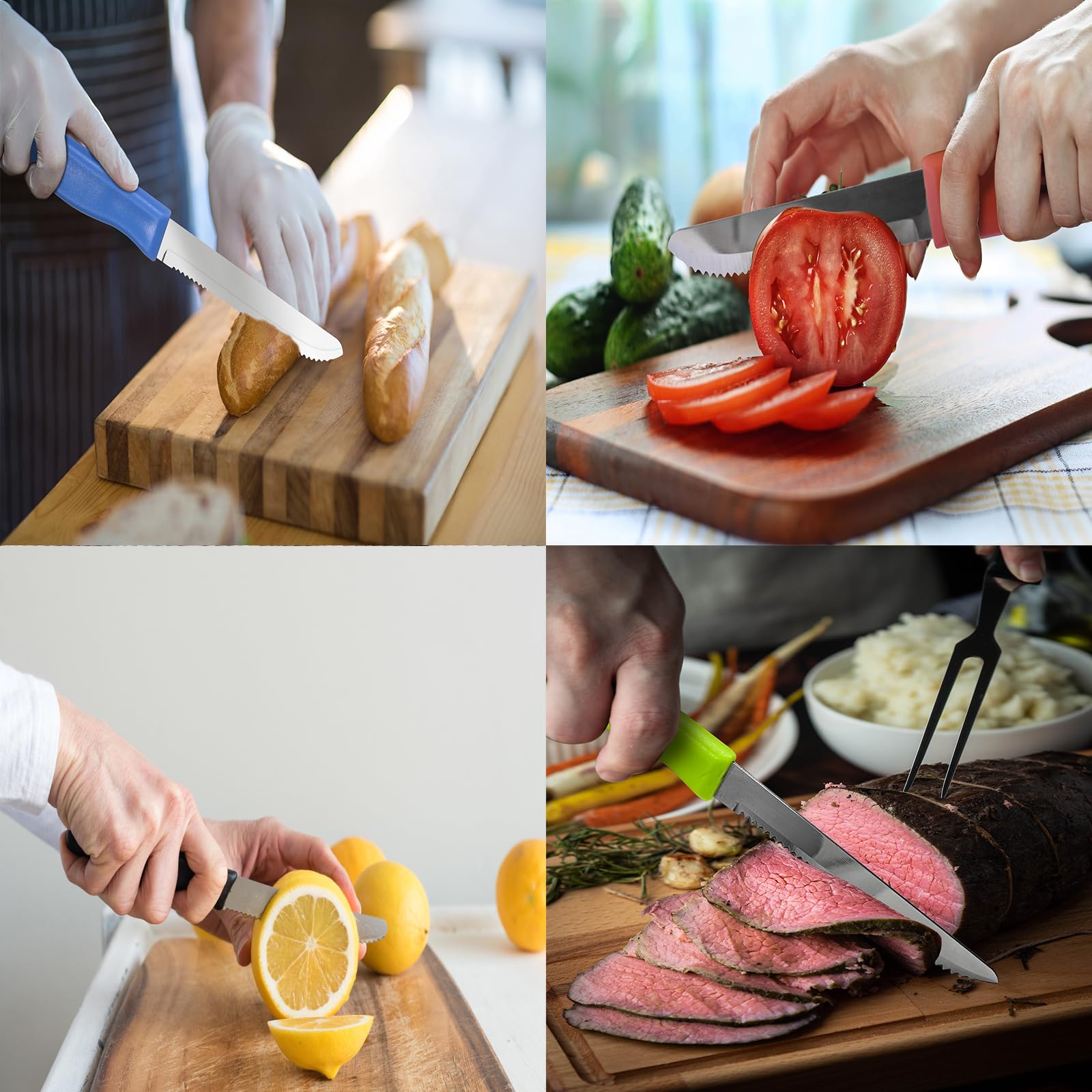 Set di 8 Coltelli da Cucina e da Tavola, Acciaio Inox Colorato - Multiuso per Colazione, Bistecca, Pane, Pomodoro (Incluso Seghettato e Affettatore)