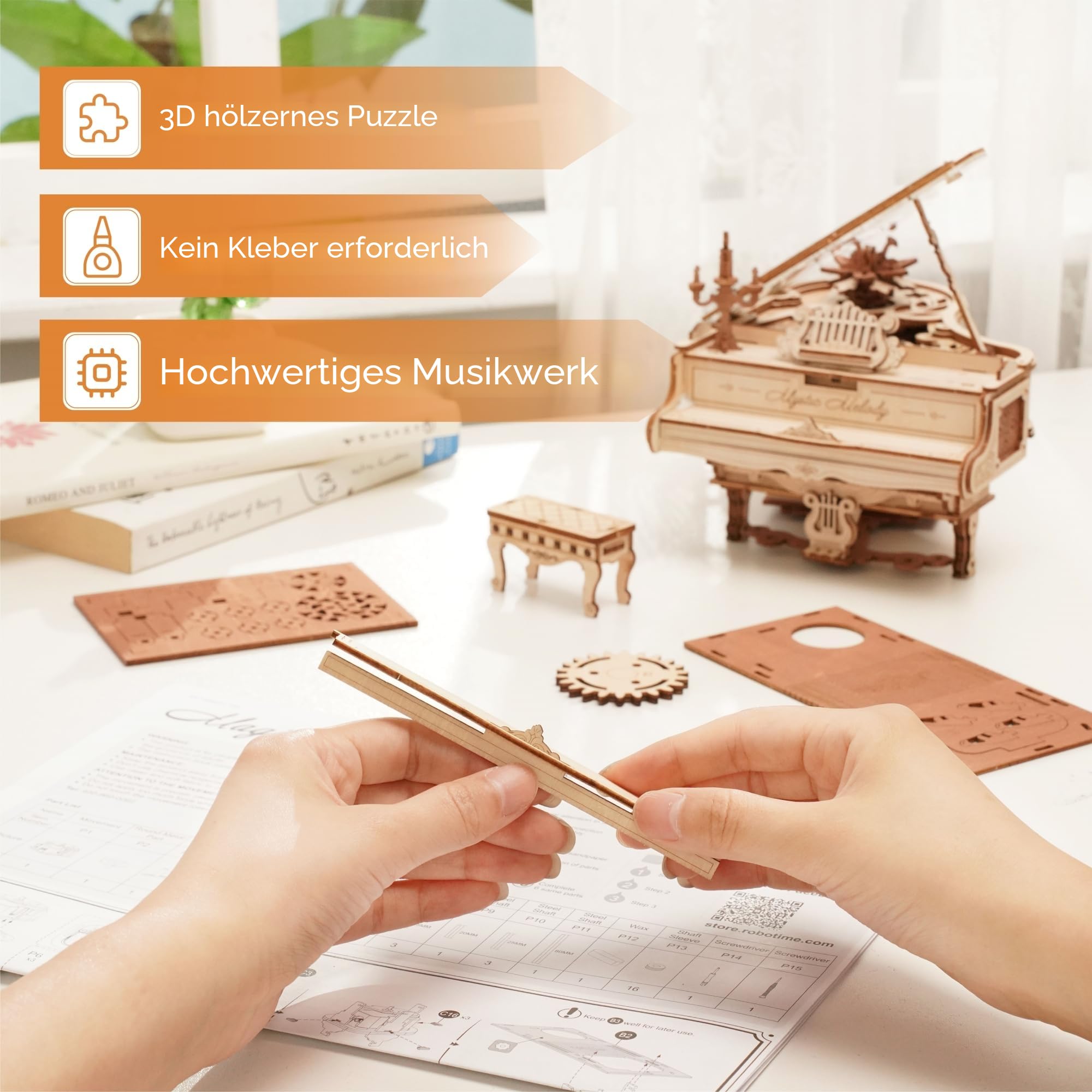 ROBOTIME 3D Puzzle Holz Magic Piano Spieluhr, Modellbausatz für Erwachsene zu Bauen, Getriebe Holzpuzzle Gebäude Handwerk Kits
