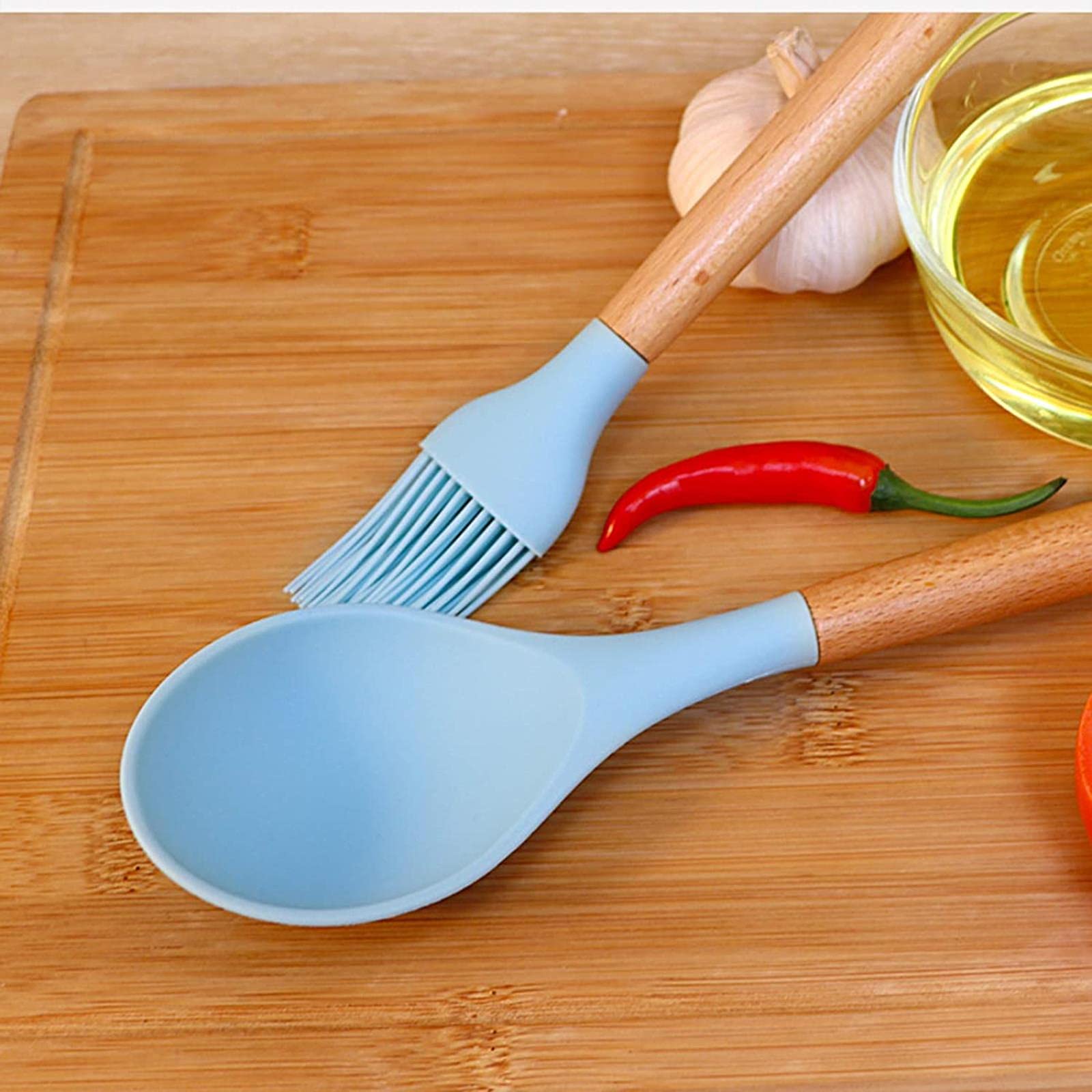 Langlebige Küchenutensilien-Set mit Halter 12-teilig Exquisite BPA-frei Holzgriff Silikon-Utensilien-Set Küchenhelfer