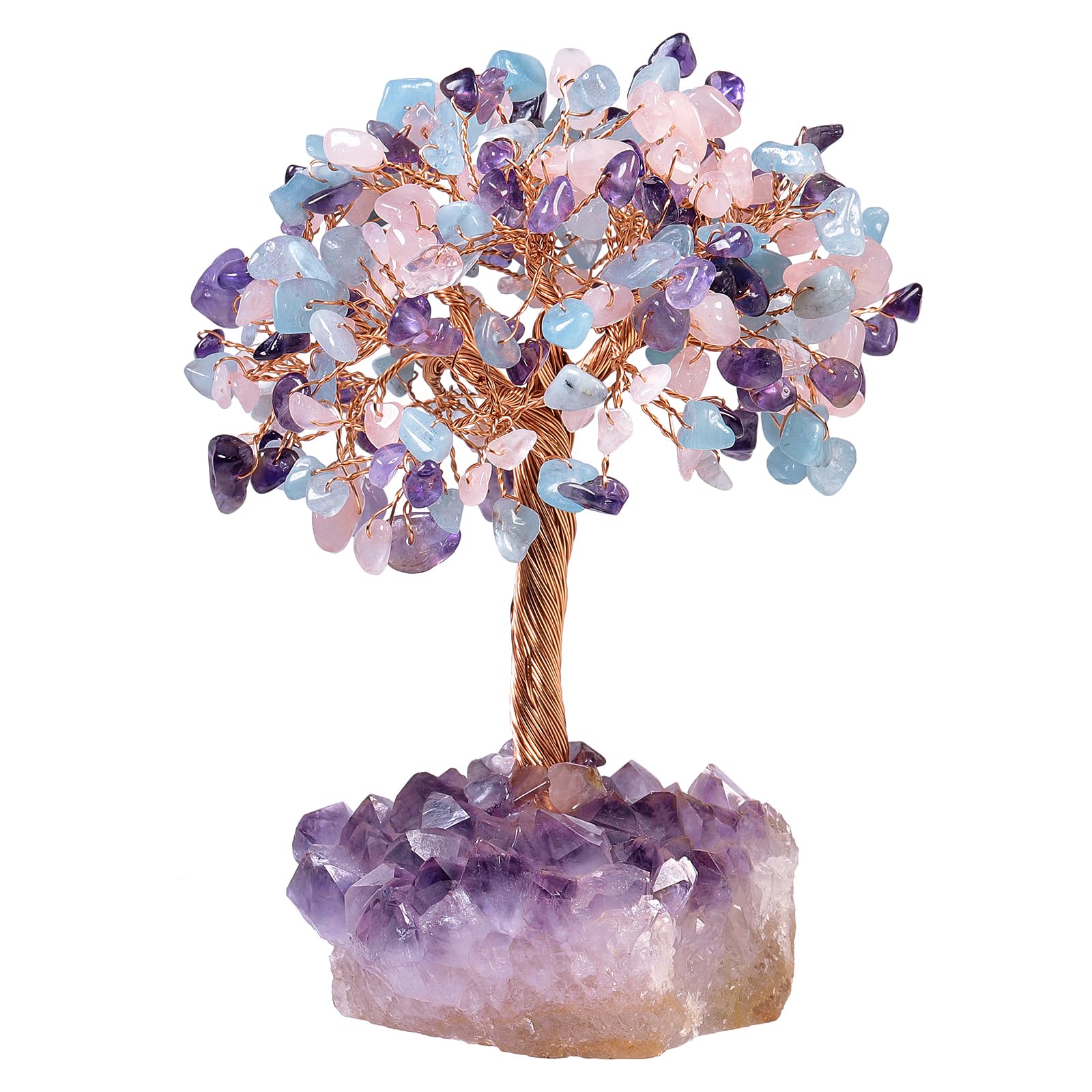 Nupuyai Cuarzo Rosa y Amatista y Aguamarina Árbol de la Vida de Piedra en Base de Geoda Natural, Feng Shui Árbol de Cristal Hecho a Mano para Decoración Interior y Reiki Chakra