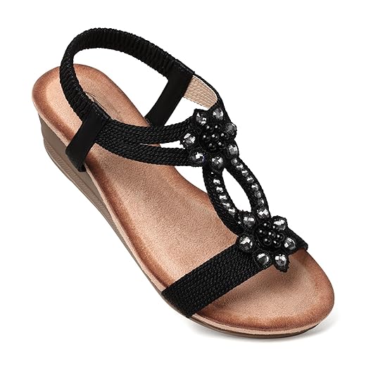 SHIBEVER Womens Wedge Sandals Flower Low Heel Dressy Sandals Elastic Ankle Strap Rhinestone Summer Comfortable Shoe