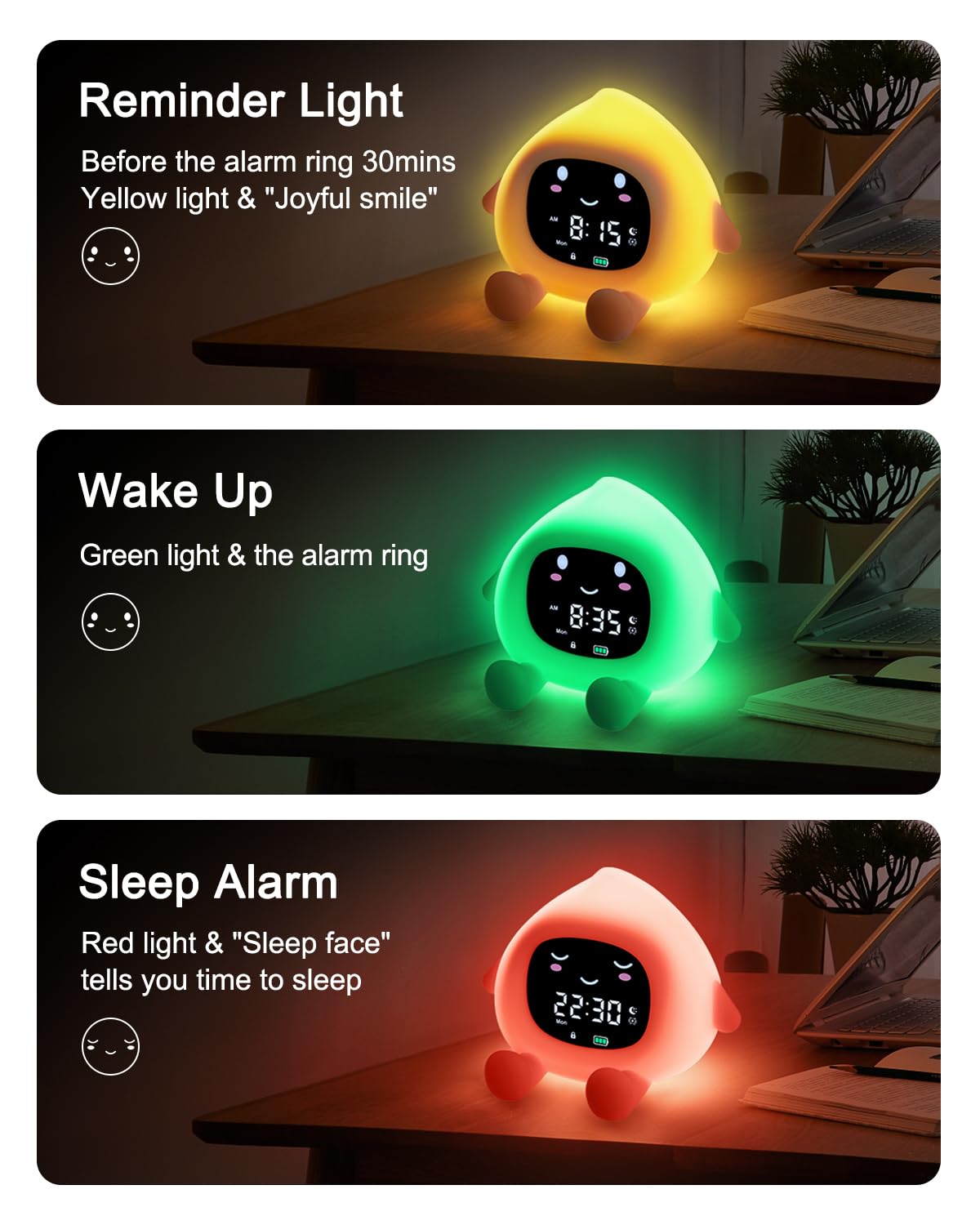 Kinderwecker, Niedlicher Wecker in Pfirsichform für Kinder, Schlaftrainer Kinder mit 9 RGB Farb Nachtlicht, 6 Beruhigende Klänge,Snooze-Funktion, Wake Up Lichtwecker für Mädchen und Jungen