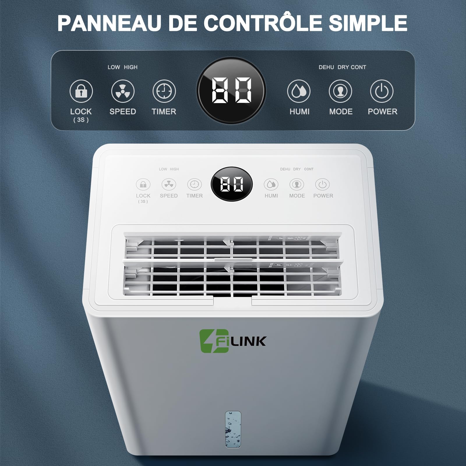 Deshumidificateur d Air 9L/Jour, Déshumidificateur Electrique, Minuterie 24H, Verrouillage pour Enfants, Protection Anti Débordement, 60m³(25m²), pour Maison, Appartement, Salle de Bain, Chambre, Cave