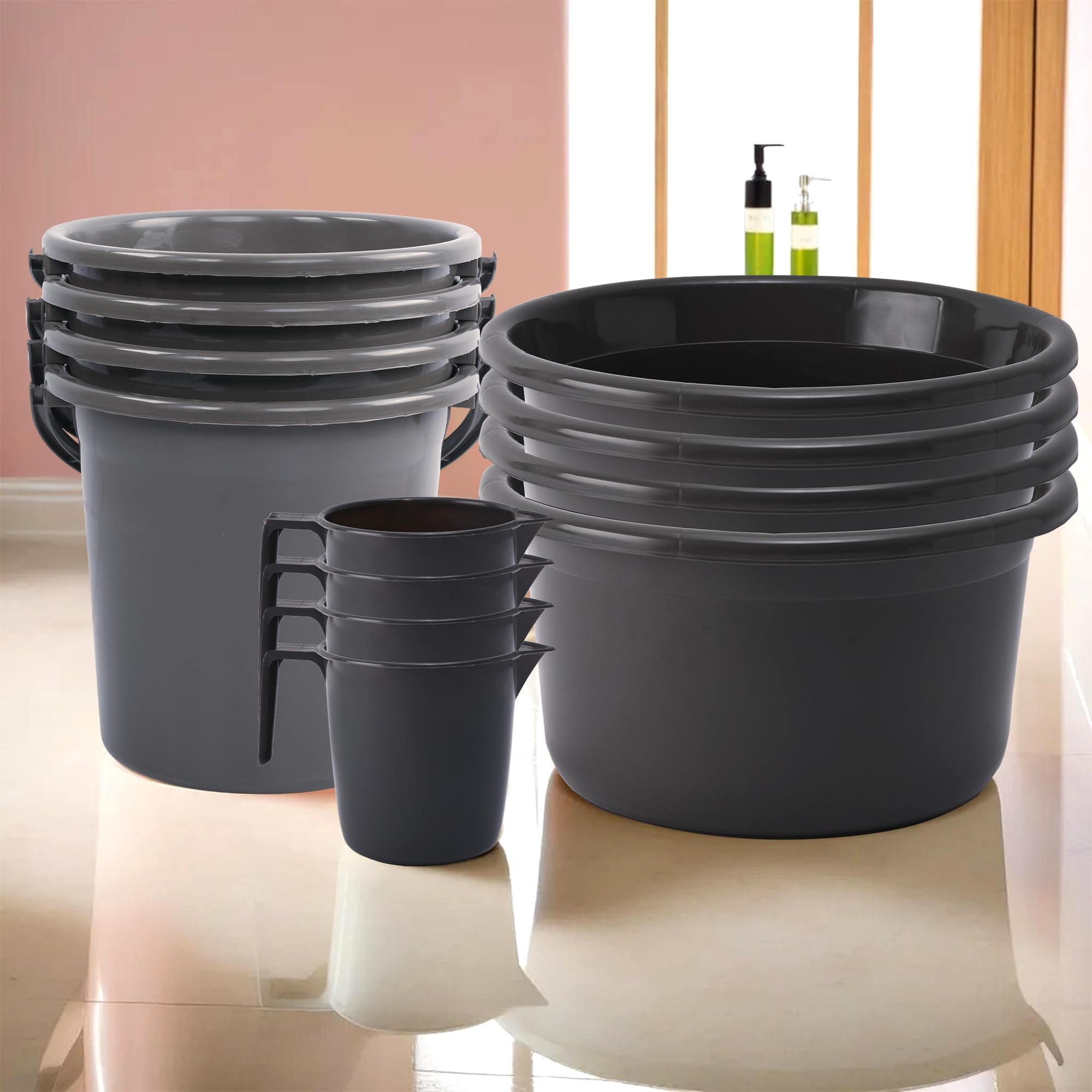 Set of 12 Bathroom Combo Set | Bathing Set | Bathware Set | 4 Piece Tub-4 Piece Bucket & 4 Piece Mug Combo Set for Bathroom | Bathroom Accessories Set | Gray