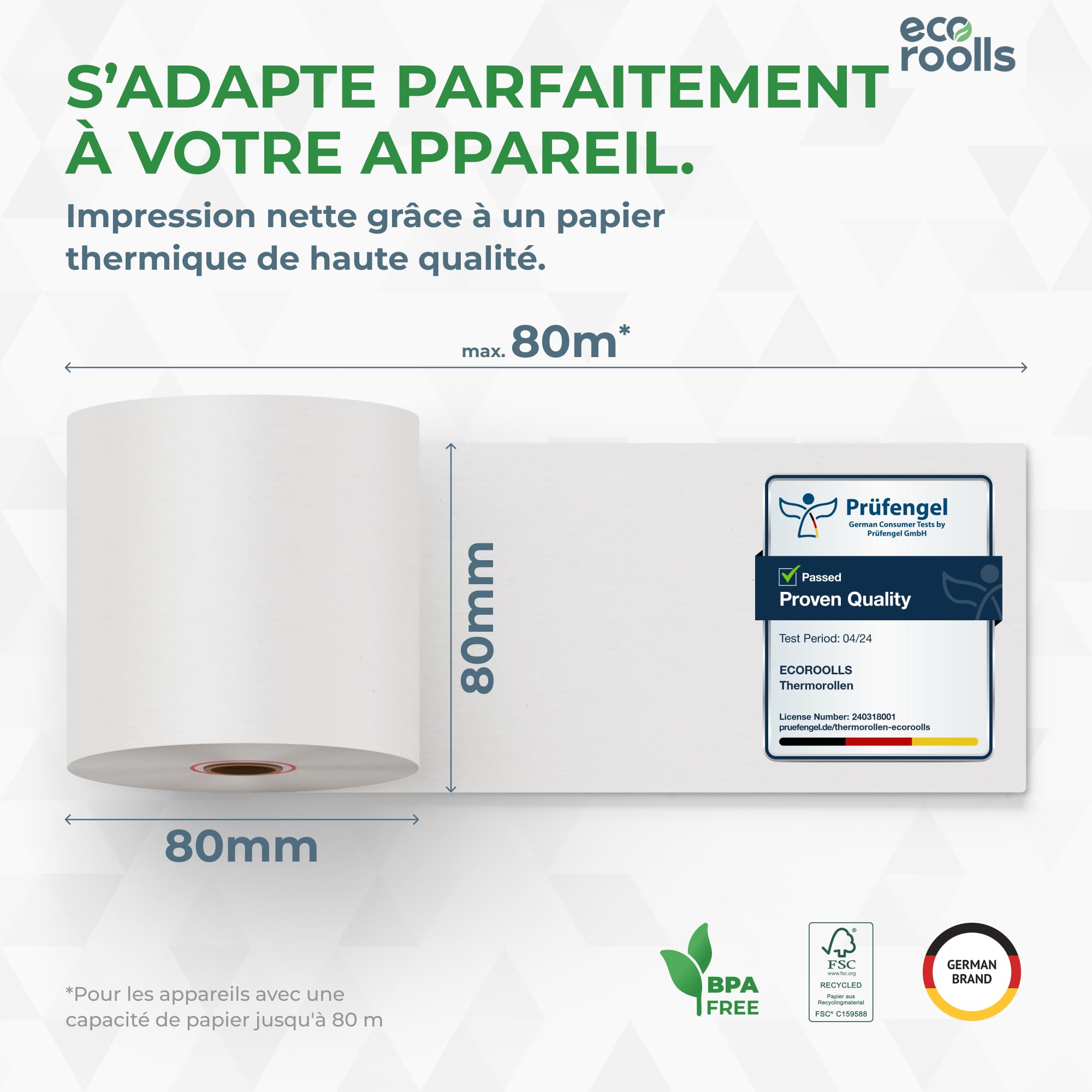 Bobine Thermique 80x80x12 - Rouleau 80x80 pour imprimante - Rouleau imprimante thermique 80mm x 80m x 12mm - Sans BPA - [50x]