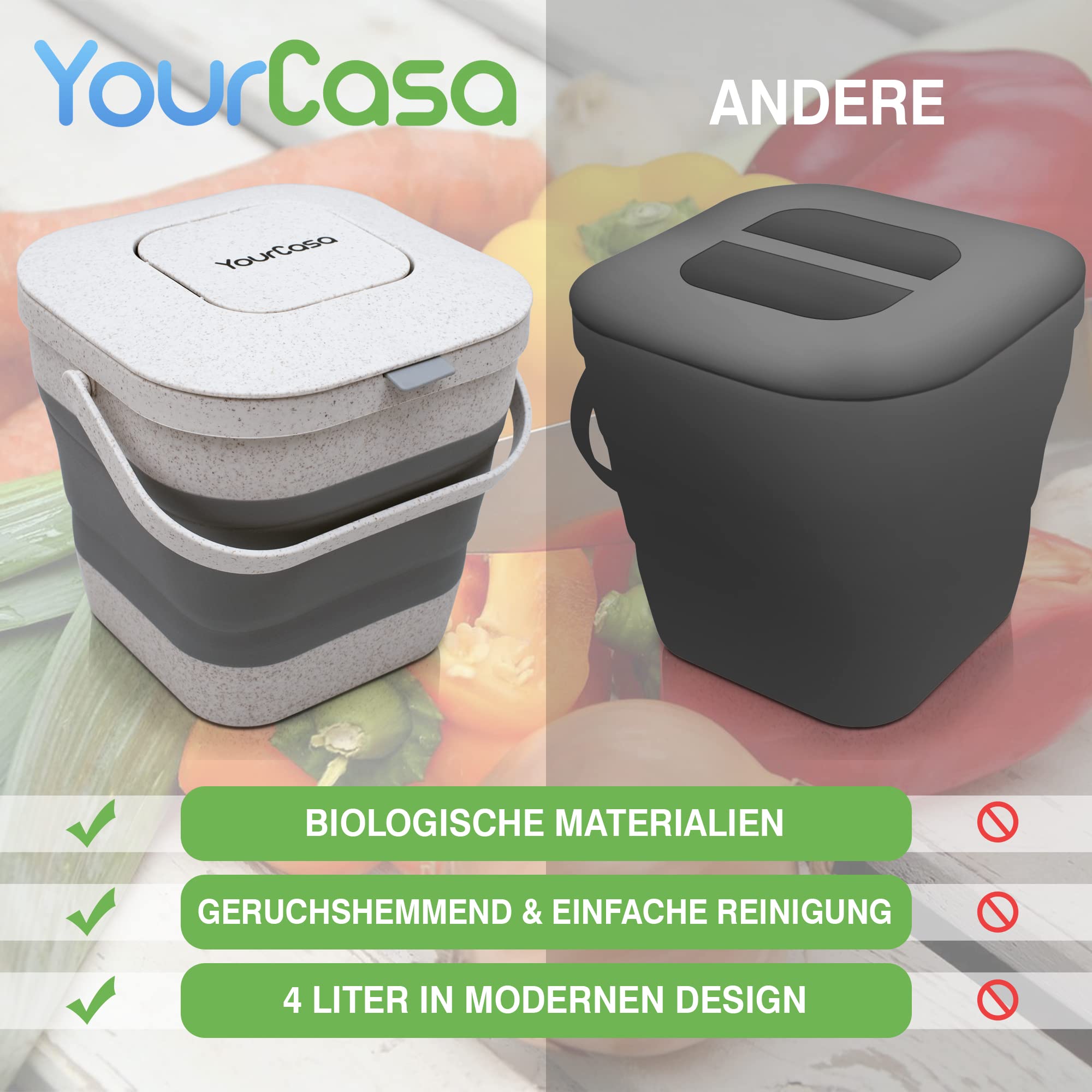 Yourcasa Contenitore per compost, 4 L - Polipropilene fibra di erba di grano, Grigio - Pieghevole, Inodore, Lavabile Contenitore per rifiuti organici sostenibile con coperchio
