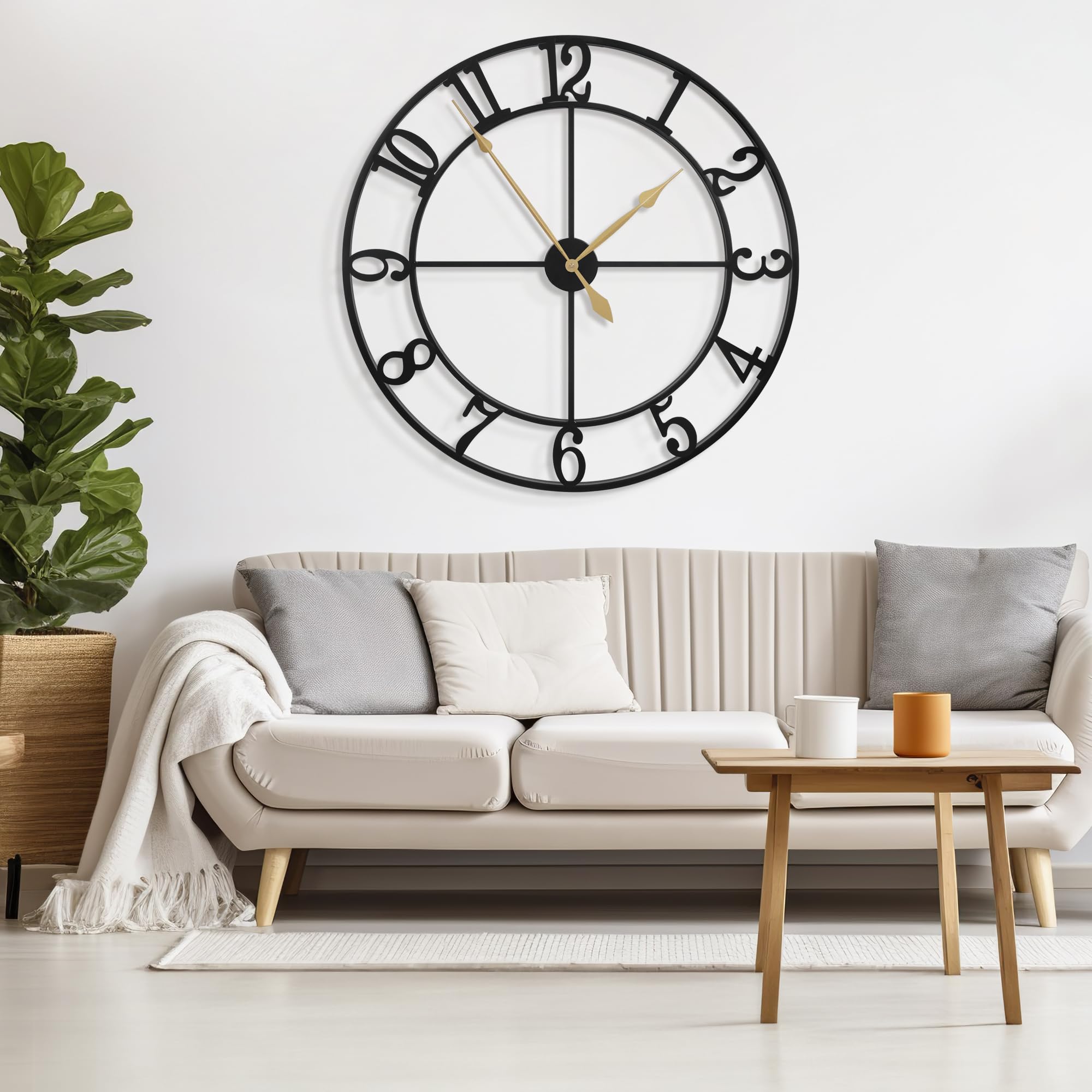 HAITANG Grande orologio da parete rotondo da 100 cm, quasi silenzioso, senza ticchettio, al quarzo, orologio decorativo a batteria, numeri arabi neri, orologi da parete in metallo, per soggiorno