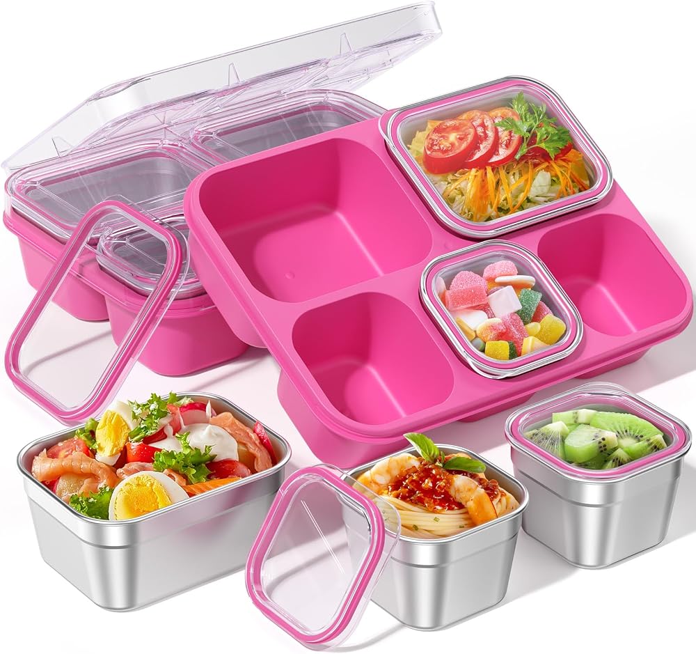 BiuLeon Snackle Box Containers, Stainless Steel 5 Compartments Divided Serving Tray with Lid, Removable LeakProof Portable Bento Box for Fruit Candy Nuts Food - School, Picnic and Travel(Pink)