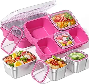 BiuLeon Snackle Box Containers, Stainless Steel 5 Compartments Divided Serving Tray with Lid, Removable LeakProof Portable Bento Box for Fruit Candy Nuts Food - School, Picnic and Travel(Pink)
