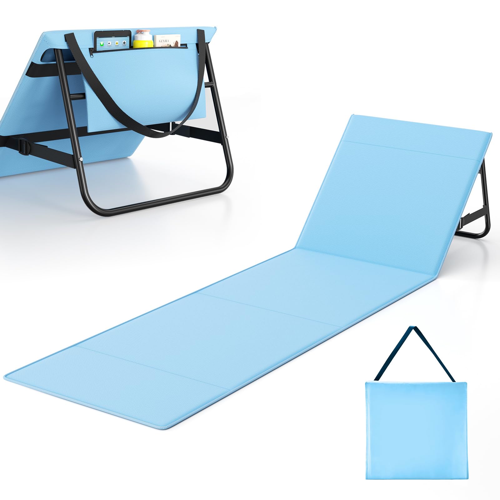 WildFun Chaise de Plage Portable, Chaise de Plage Pliante，Adjustable Lightweight Tanning Chair for Outdoor Sand Camping Sunbathing (1pcs, Bleu et Blanc)