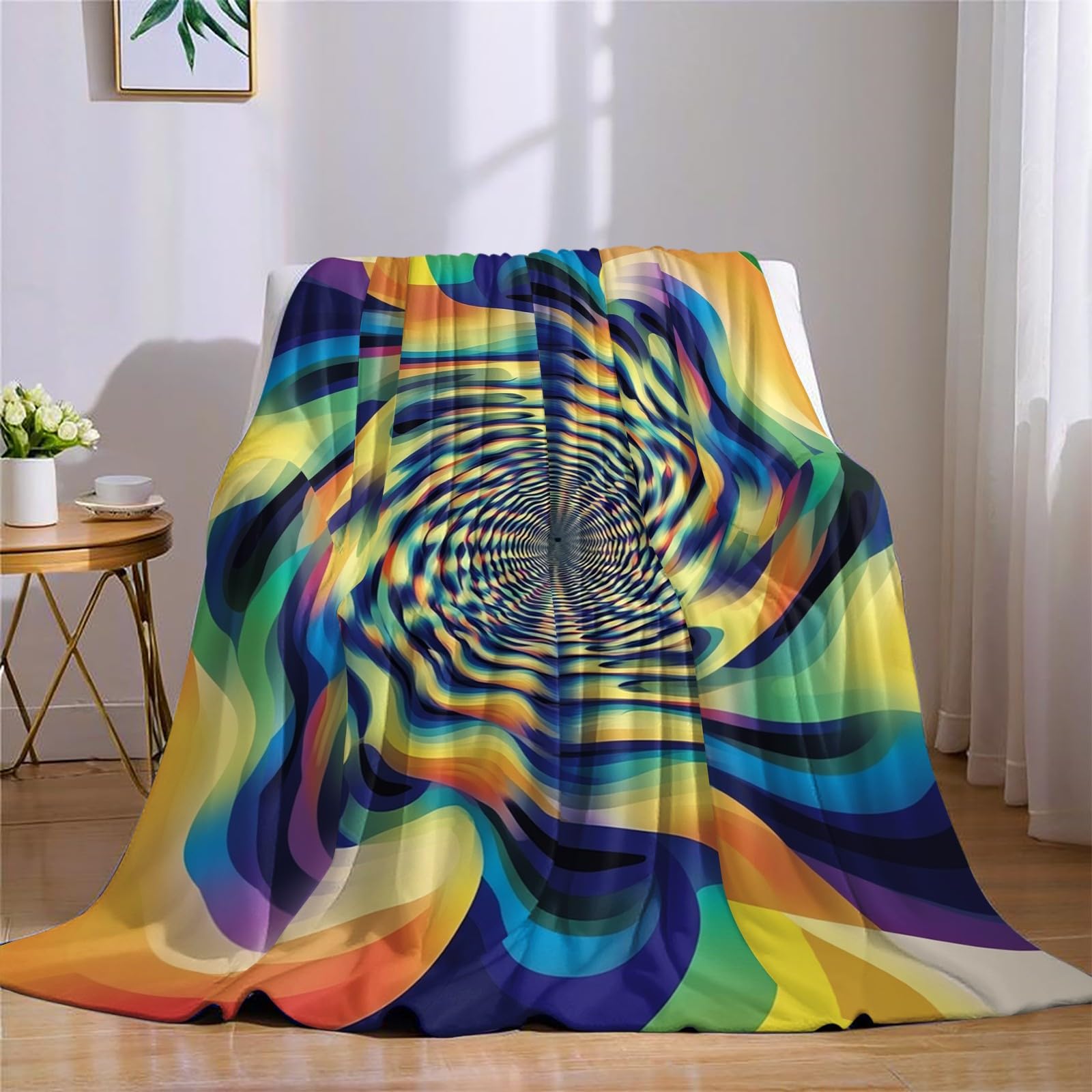 Coperta 220 x 240 cm Schema astratto rotante Plaid Pile Flanella Morbido Caldo Coperta Decorativa per Letto Divano Ufficio Adolescenti e Adulti, giallo