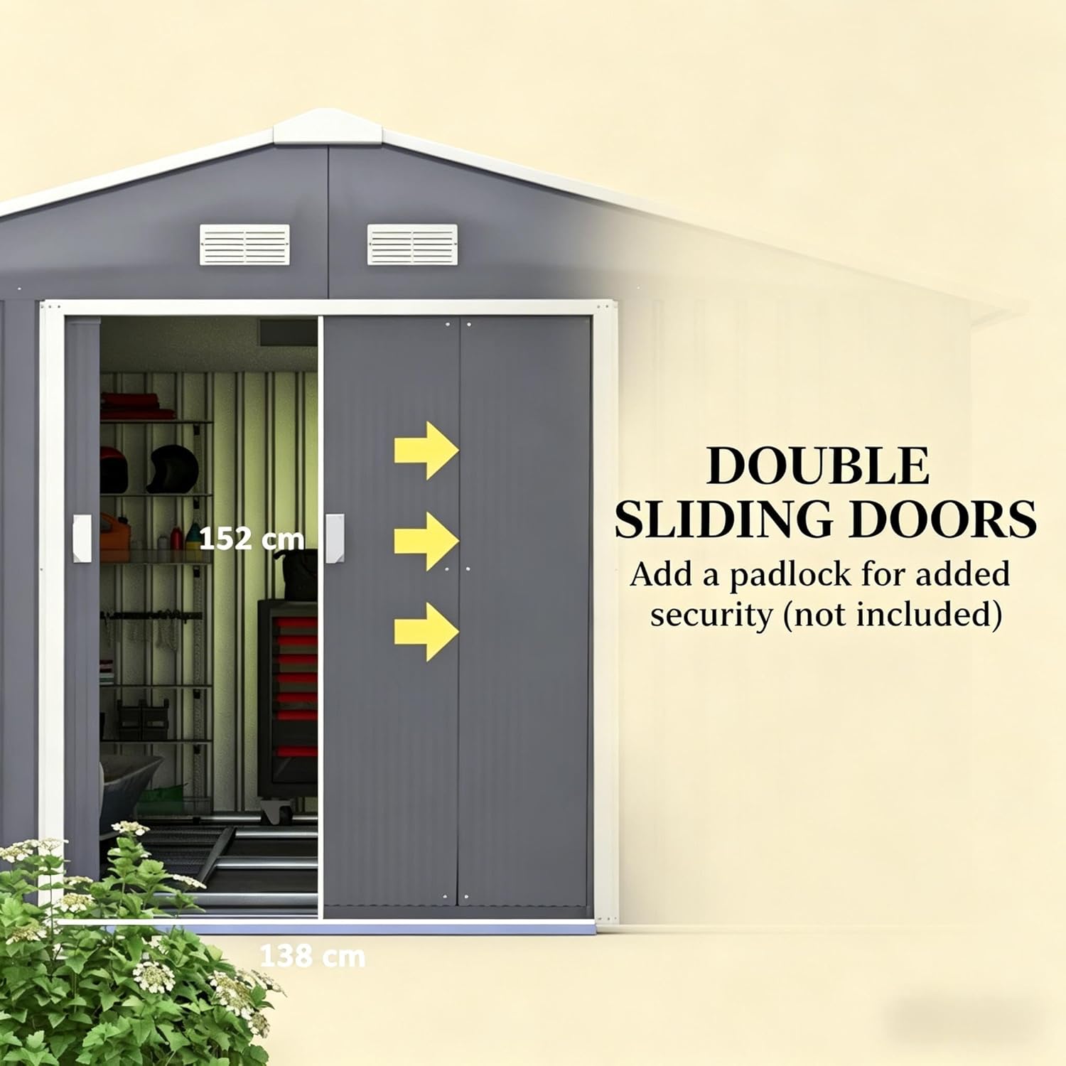 Outdoor Storage Shed with Foundation Kit, Backyard & Garden Tool Shed, Metal Shed with Double Sliding Doors and Ventilation, Weather-Resistant and Durable Galvanized Steel Construction