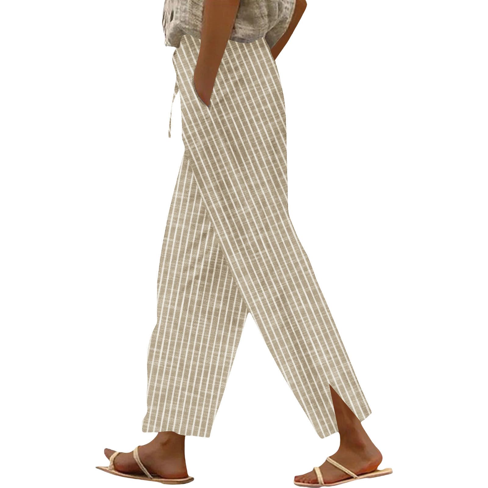 Womens Linen Pants High Waisted Elastic Drawstring Lounge Trousers Summer Casual Side Split Beach Pants with Pockets