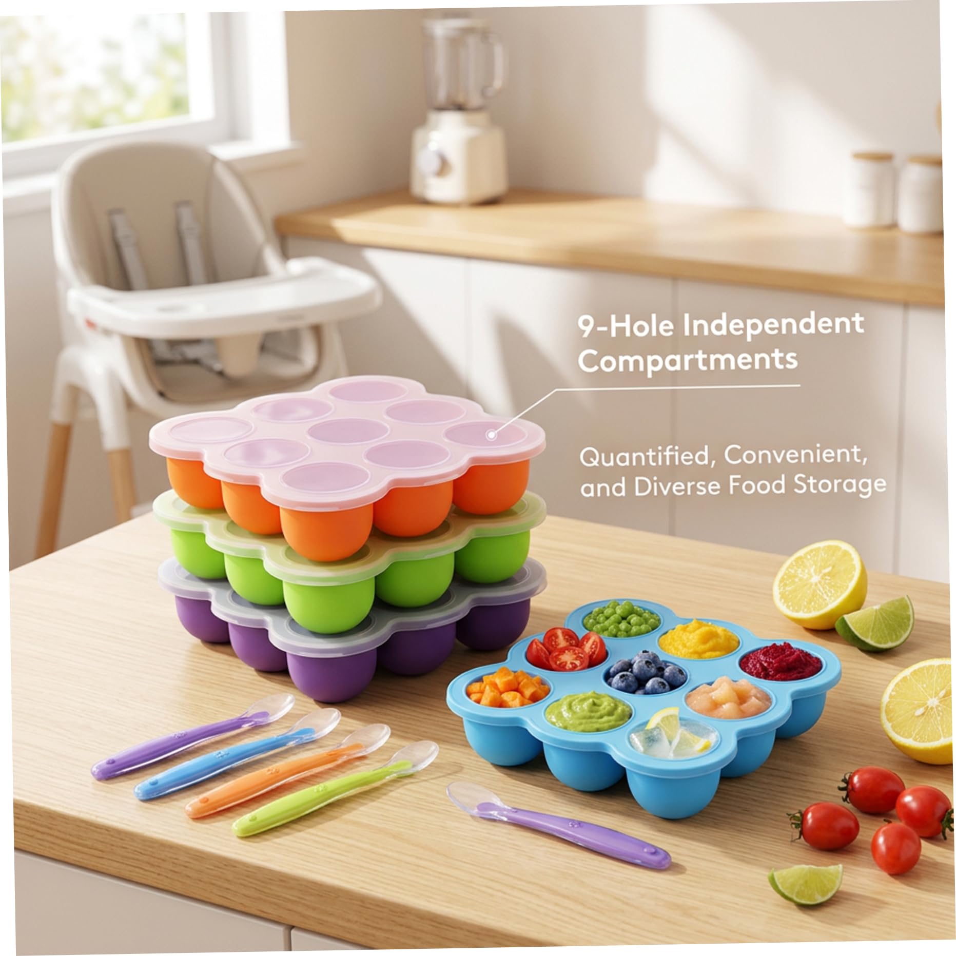 Vassoio per congelatore per alimenti per bambini, confezione da 4 vassoi per congelatore in silicone per alimenti per bambini con coperchi, stampo flessibile per cubetti di ghiaccio a 9 celle per pur